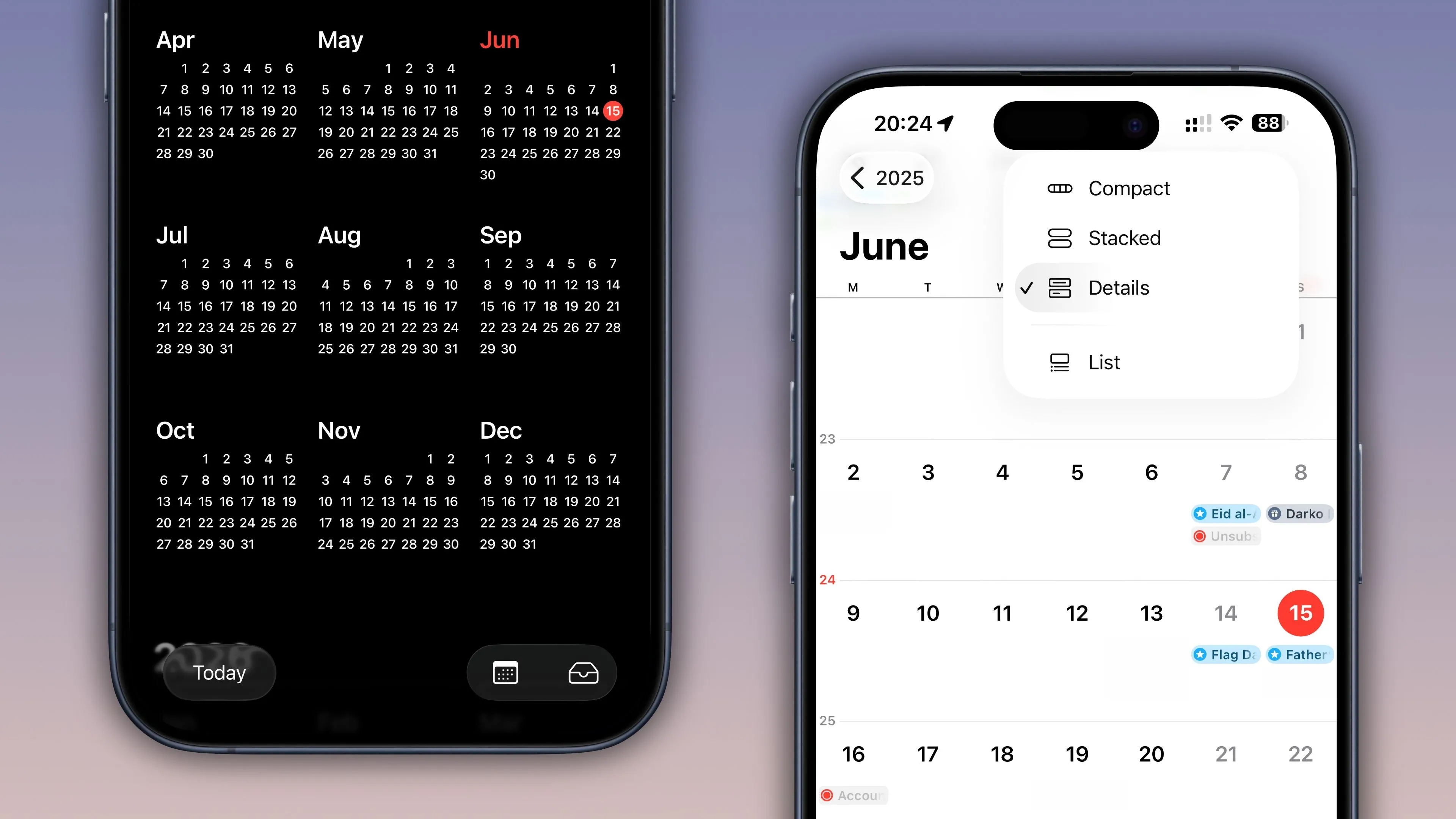 Hai ảnh chụp màn hình iPhone minh họa ứng dụng Lịch trên iOS 26 với giao diện người dùng được cập nhật.