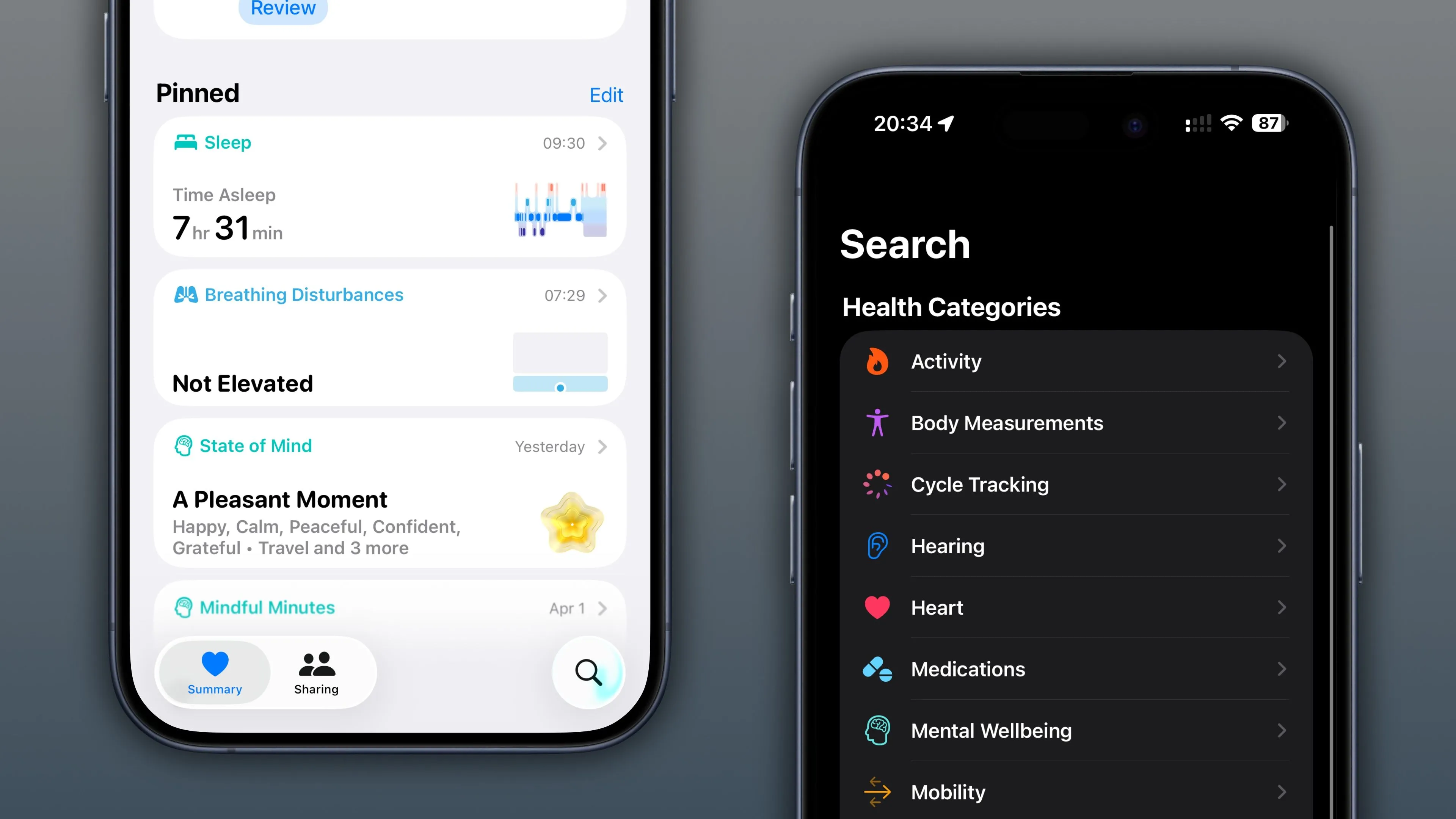 Hai ảnh chụp màn hình iPhone minh họa ứng dụng Sức khỏe trên iOS 26.