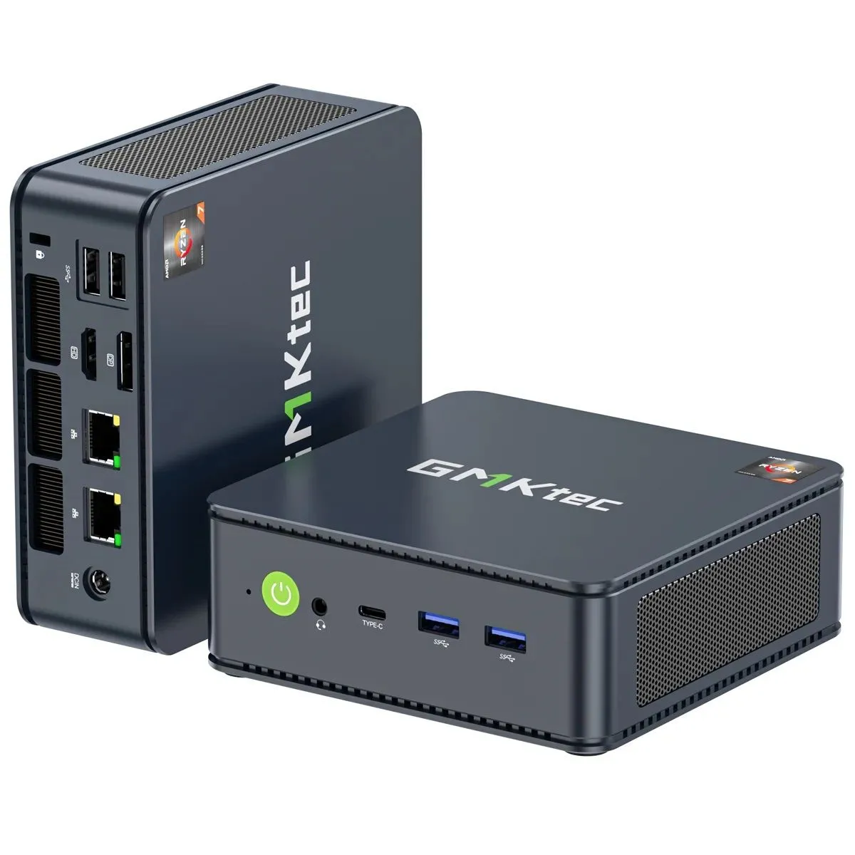 Hai chiếc GMKtec M5 Plus Mini Gaming PC màu đen và xanh trên nền trắng, thể hiện sự đa dạng màu sắc