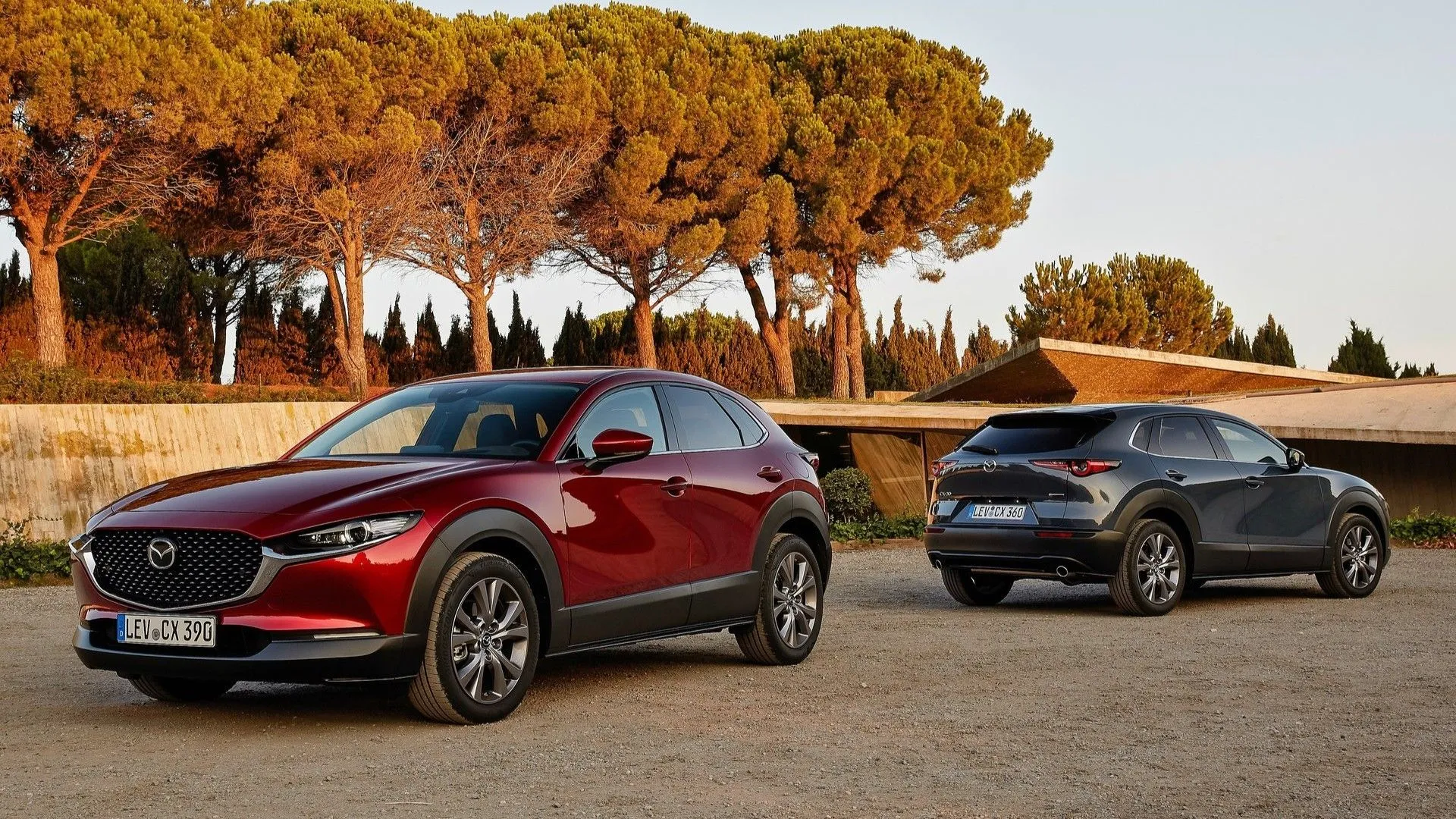 Hai chiếc Mazda CX-30 2020 màu đỏ và xám trên đường, thể hiện thiết kế năng động và hiện đại