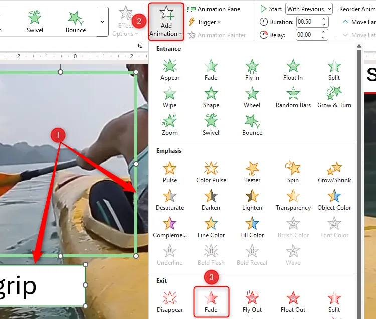 Hai đối tượng được chọn trên slide PowerPoint, hiệu ứng thoát Fade trong menu Add Animation được đánh dấu