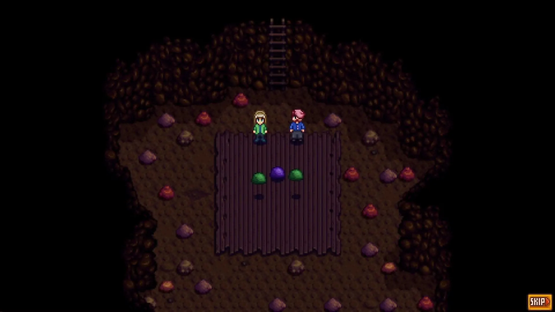 Hai nhân vật trong hang động cùng những con slime thân thiện, minh họa mod Adventurer's Guild Expanded mở rộng nội dung phiêu lưu