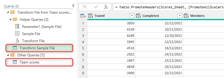 Hai truy vấn chính được tô sáng trong ngăn Queries (Truy vấn) của Power Query Editor, một cho mẫu và một cho kết quả gộp dữ liệu.