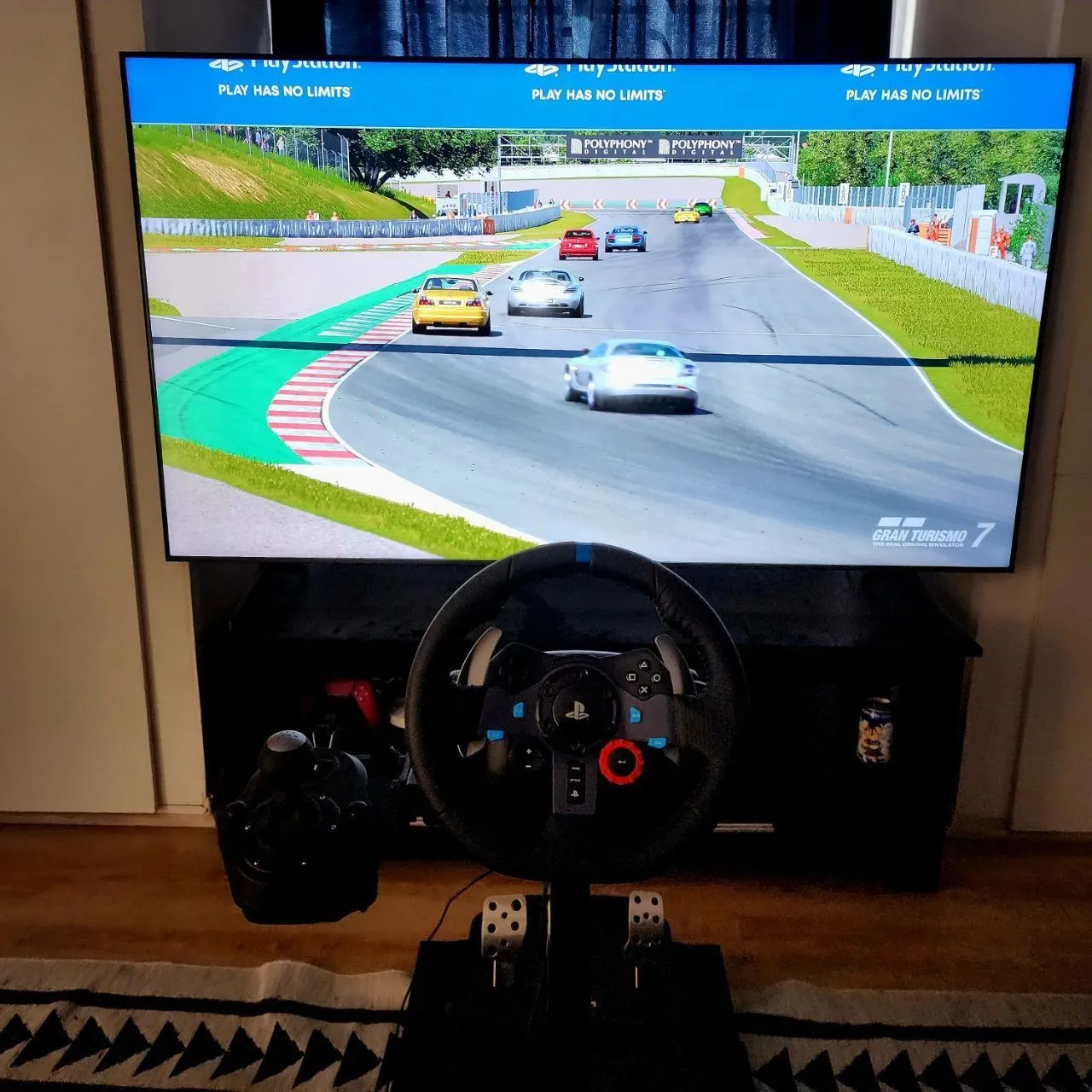 Hệ thống vô lăng đua xe và bàn đạp được thiết lập để chơi game Gran Turismo, mang lại trải nghiệm lái chân thực