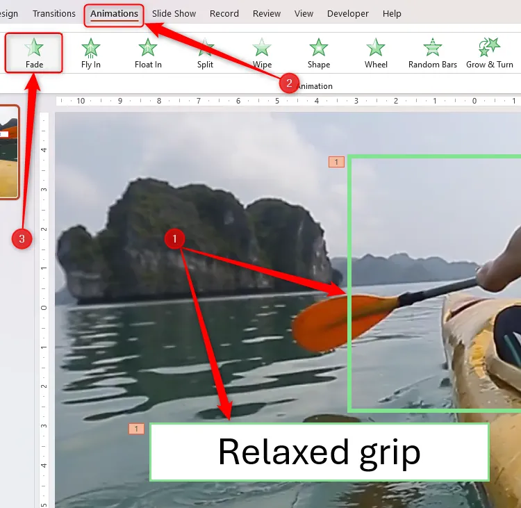 Hiệu ứng xuất hiện Fade được thêm vào hộp văn bản và hình chữ nhật trên slide PowerPoint