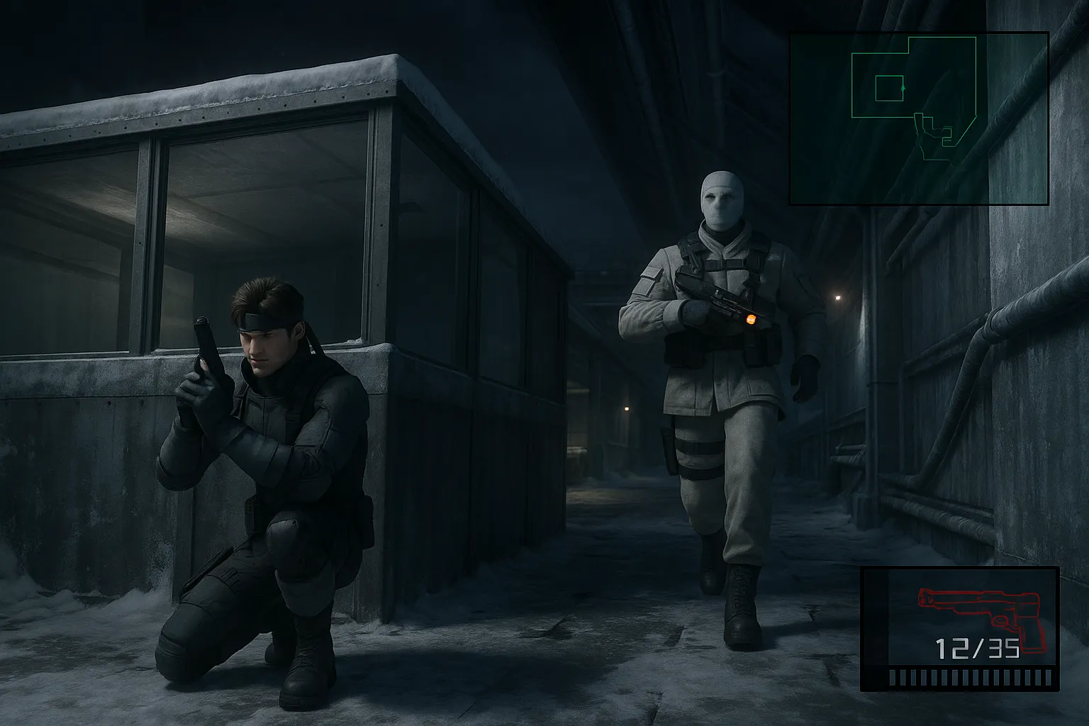 Hình ảnh AI concept Metal Gear Solid với đồ họa engine hiện đại, thể hiện không gian hành động lén lút.