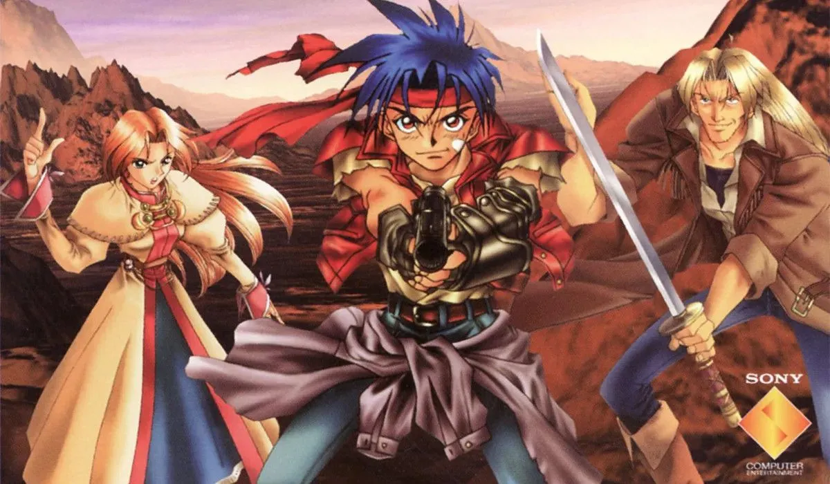 Hình ảnh ba nhân vật chính từ Wild Arms đang chiến đấu