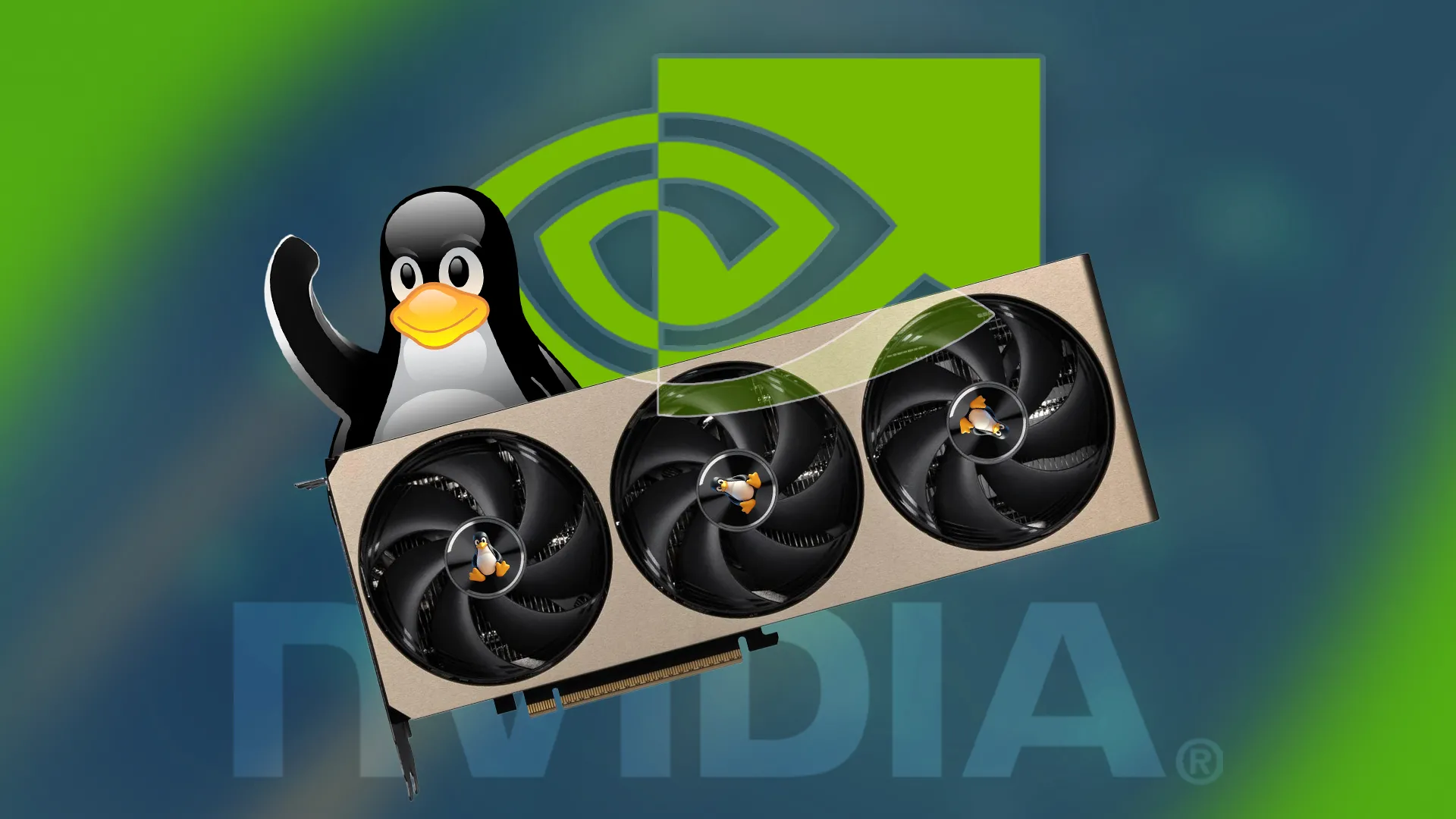 Hình ảnh card đồ họa (GPU) cùng linh vật Tux của Linux và logo Nvidia, minh họa khả năng hỗ trợ driver Nvidia trên Linux.