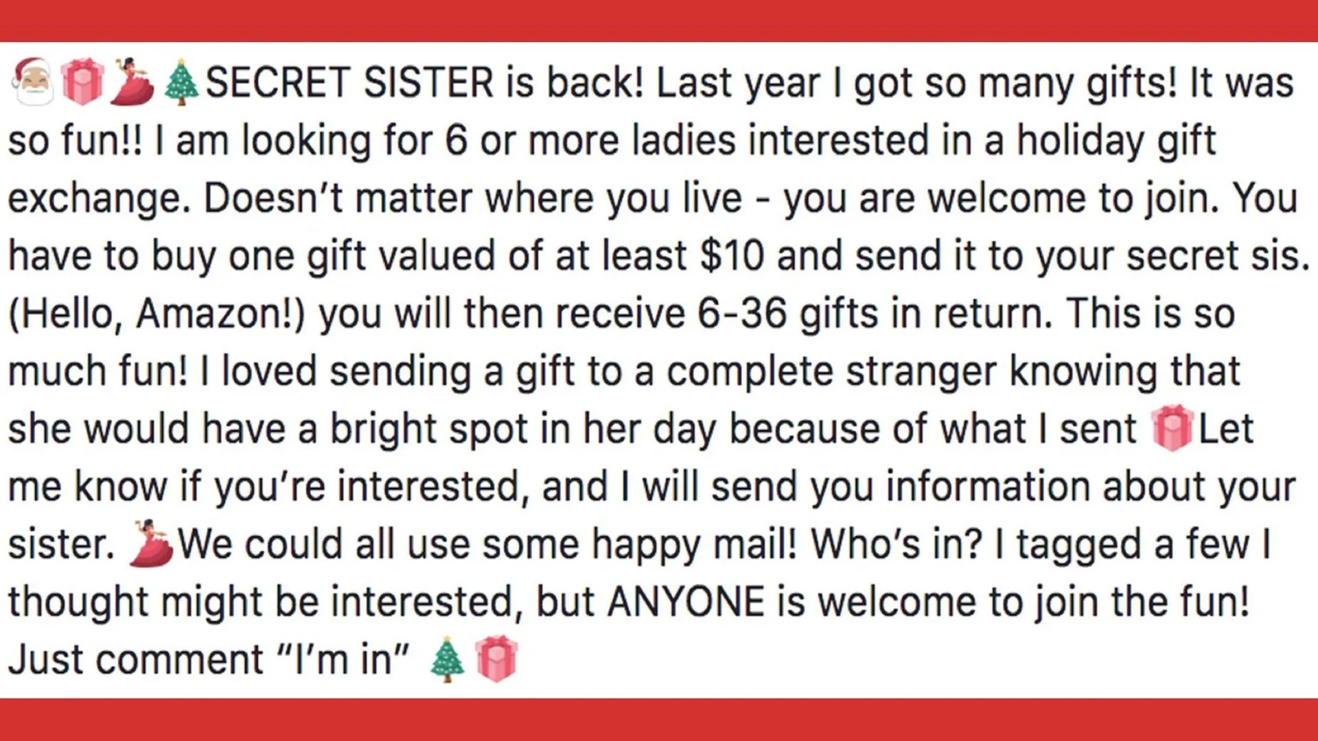 Hình ảnh chụp màn hình bài đăng trên Facebook về chiêu lừa đảo Secret Sister, kêu gọi tham gia trao đổi quà