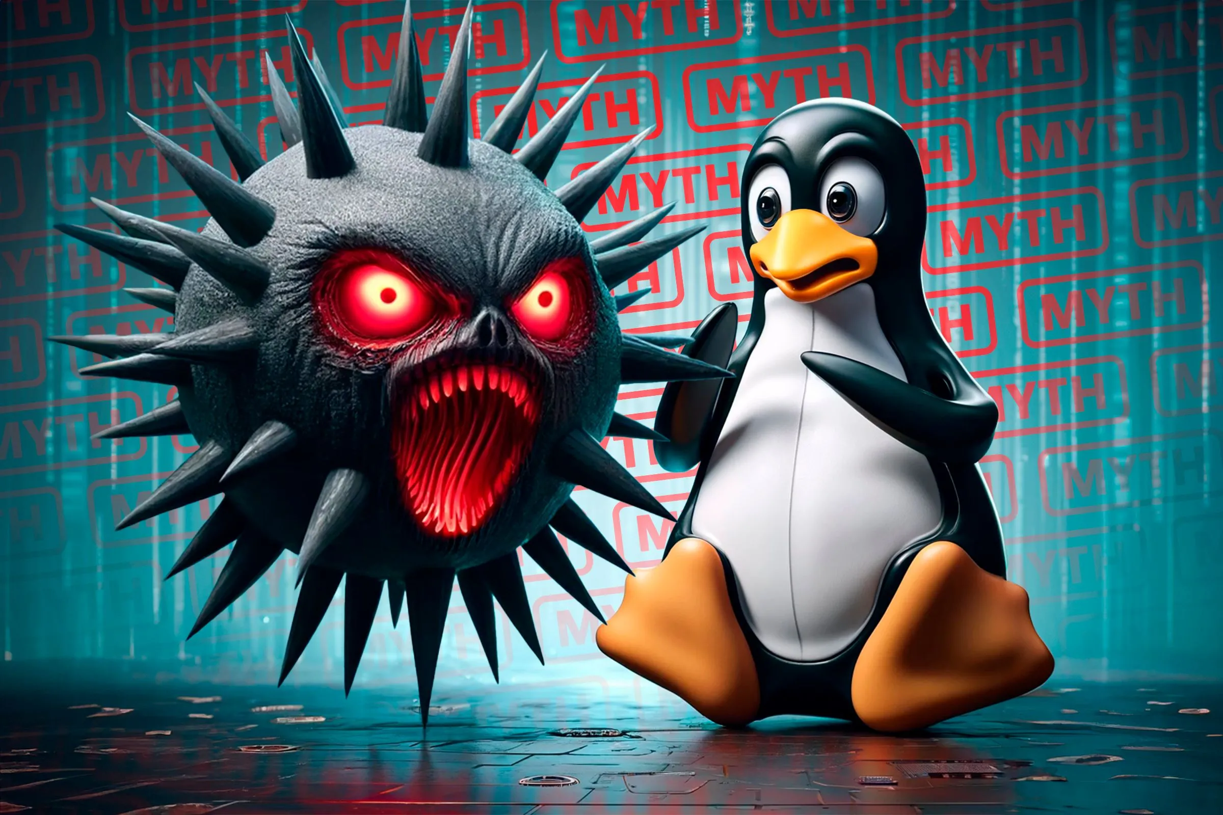 Hình ảnh linh vật Tux của Linux thể hiện sự lo lắng trước các lỗi hệ thống và virus.