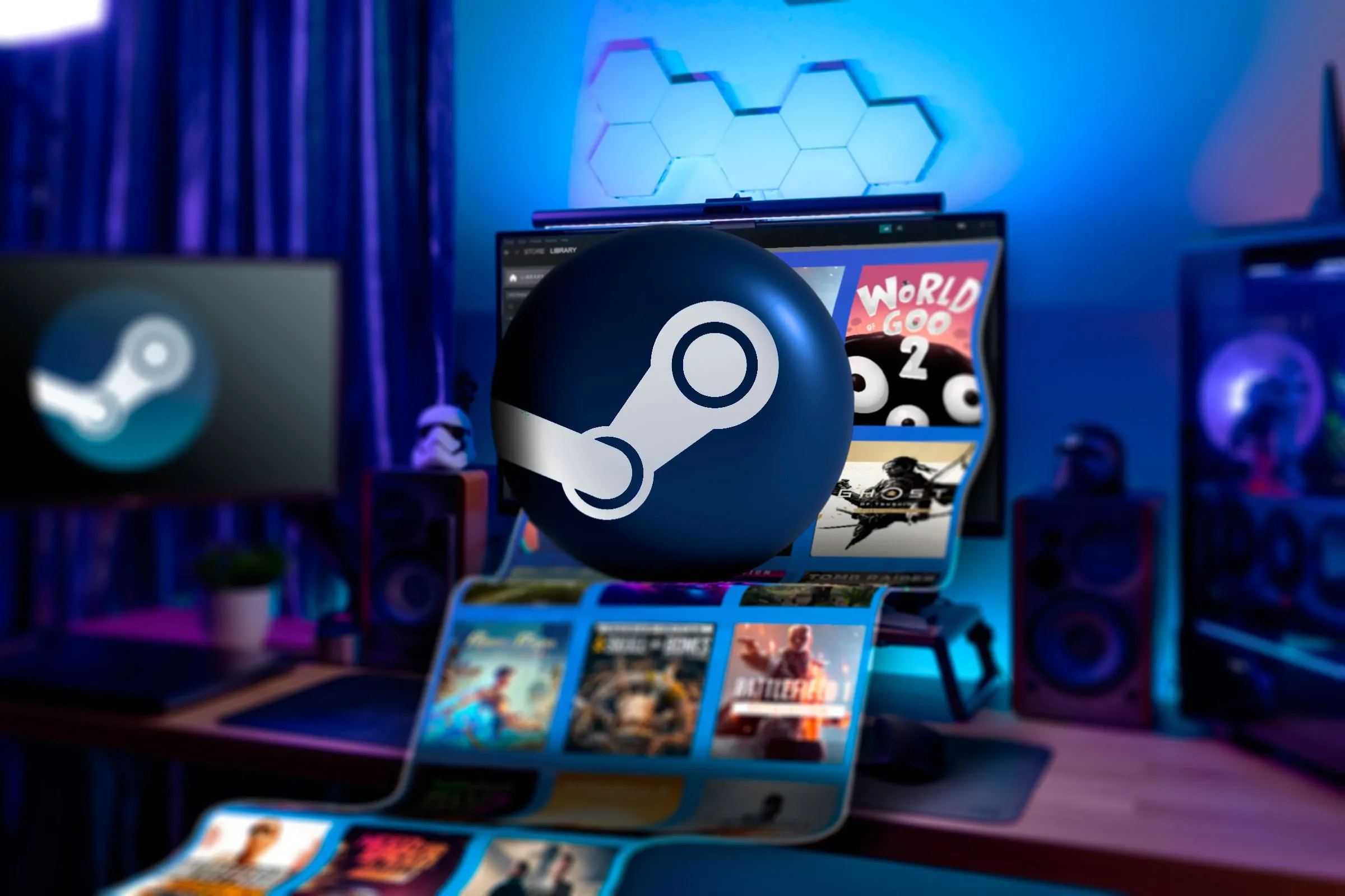 Hình ảnh máy tính chơi game với nhiều biểu tượng game Steam nổi bật trên màn hình, tượng trưng cho khả năng chơi game ngày càng mạnh mẽ của Linux.