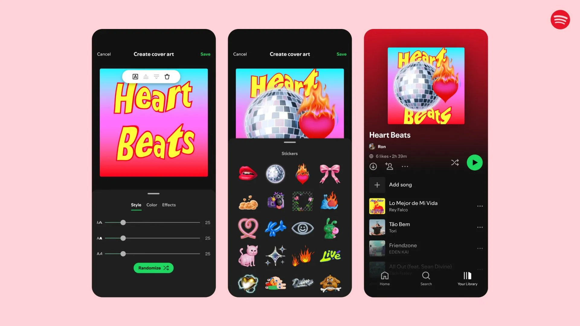 Hình ảnh minh họa các nhãn dán chủ đề Valentine của Spotify để trang trí bìa playlist
