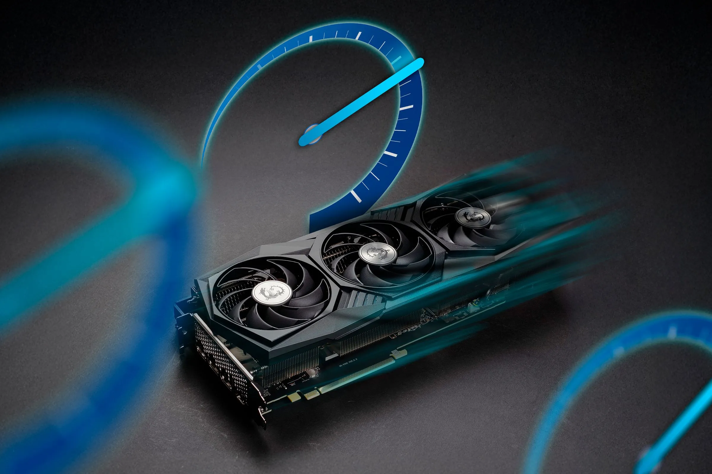 Hình ảnh minh họa card đồ họa (GPU) tốc độ cao cùng đồng hồ đo hiệu suất, nhấn mạnh tầm quan trọng của driver