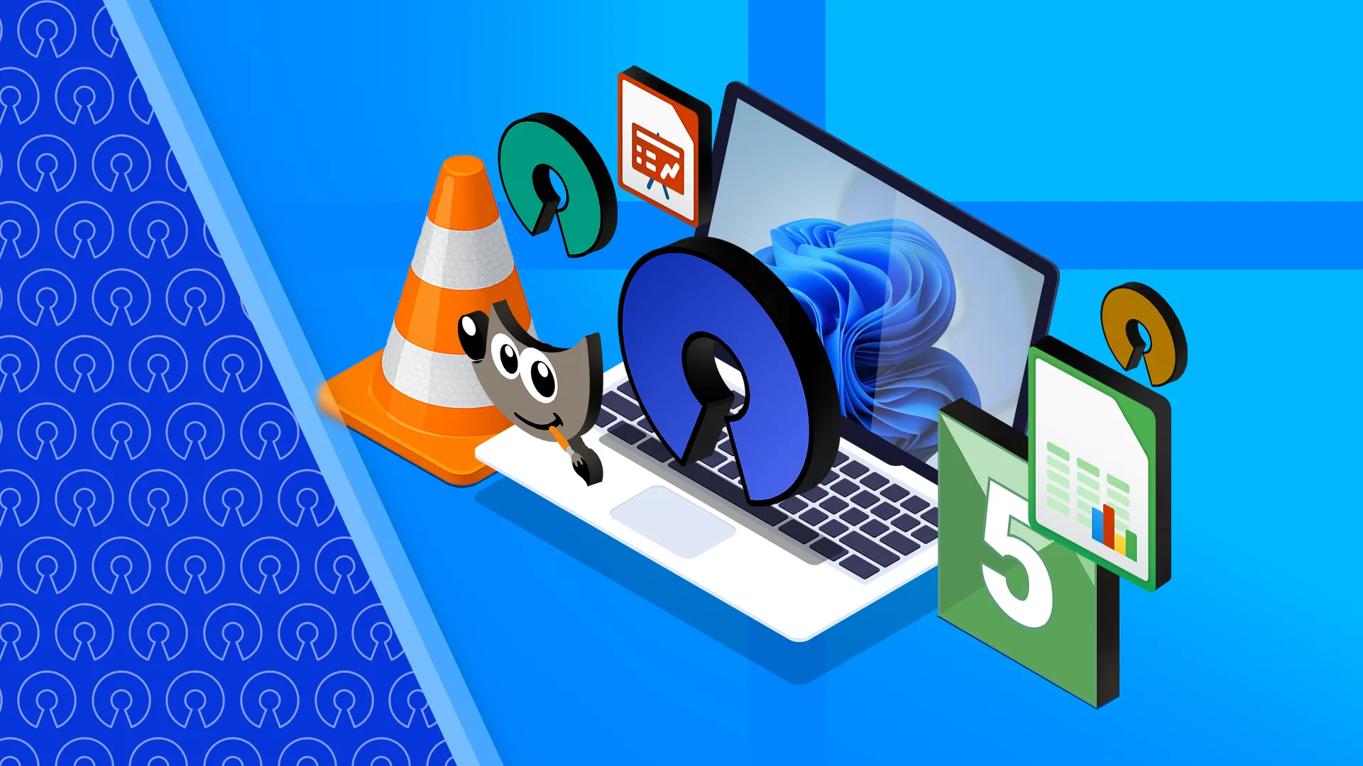 Hình ảnh minh họa laptop Windows 11 cùng các logo ứng dụng mã nguồn mở xung quanh, thể hiện tính chất FOSS