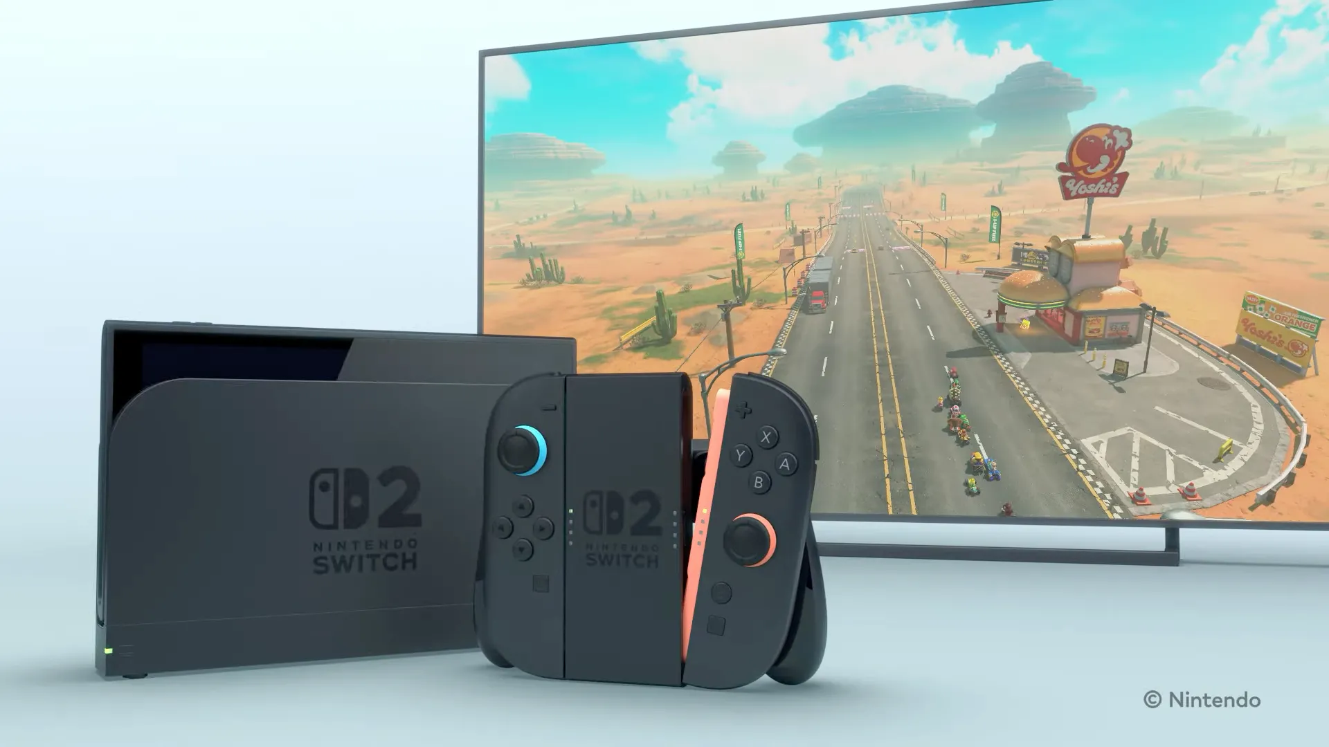 Hình ảnh minh họa máy Nintendo Switch 2 đang đặt trong dock, tay cầm Joy-Cons gắn trong grip chơi game trên TV với Mario Kart 9