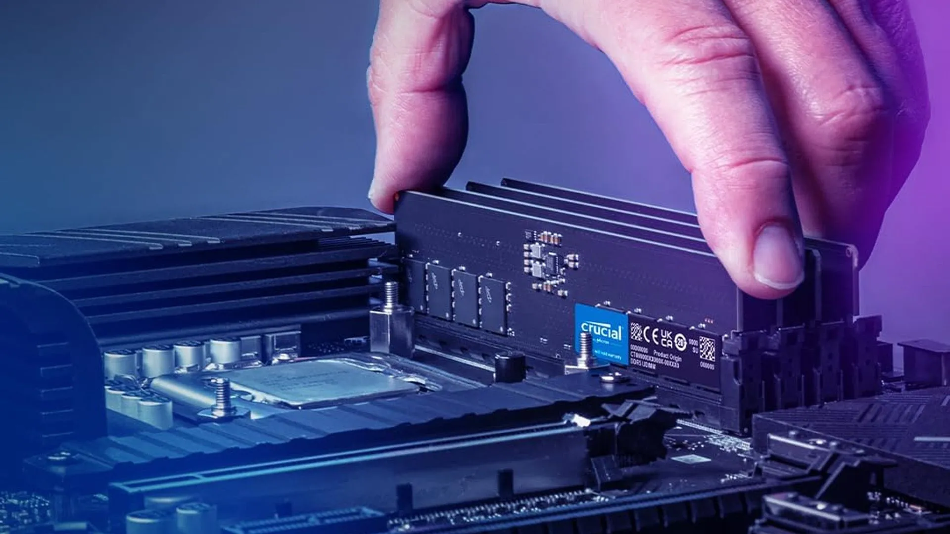 Hình ảnh minh họa quá trình lắp đặt thanh RAM DDR5 vào khe cắm trên bo mạch chủ của máy tính.