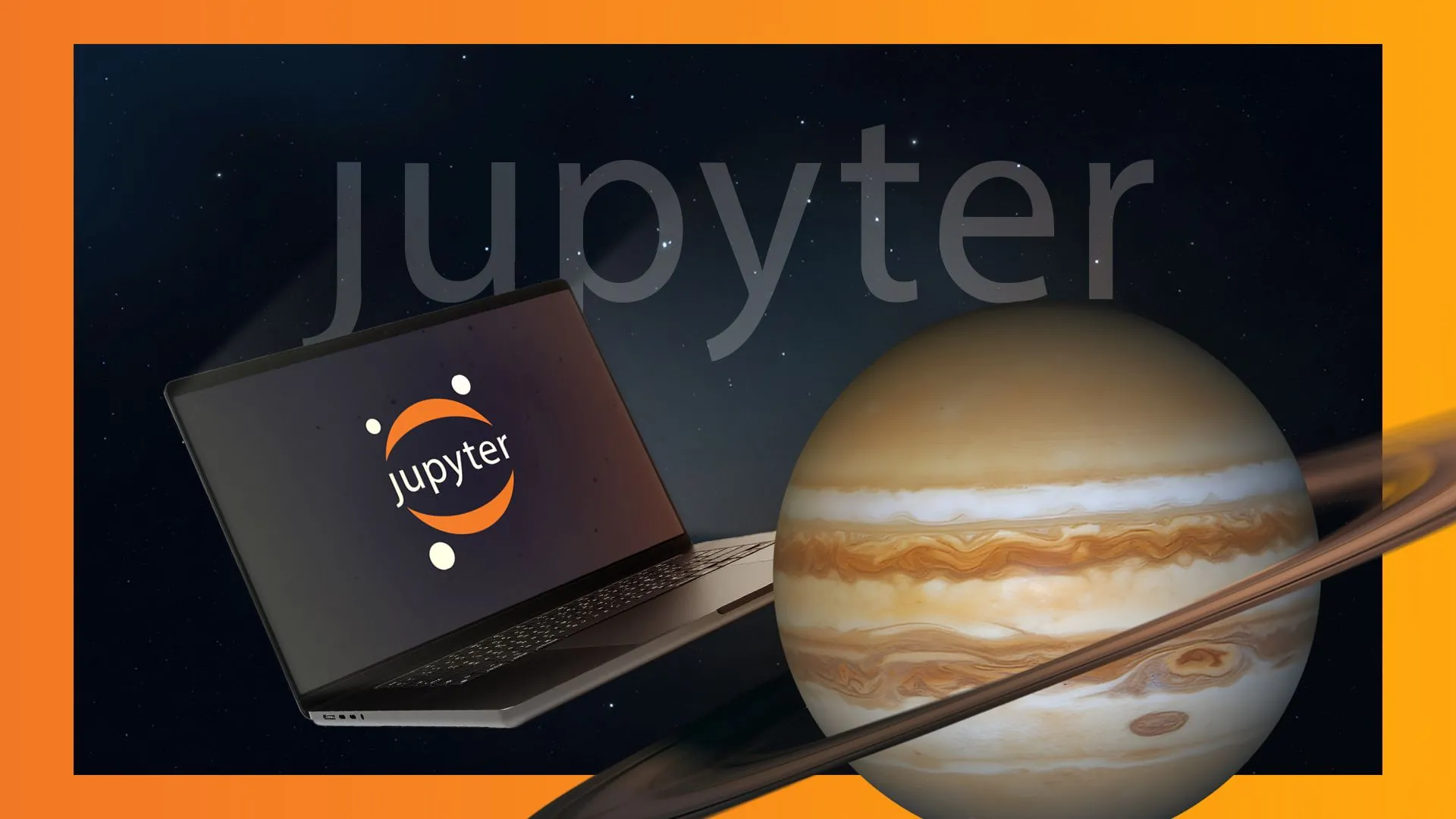 Hình ảnh minh họa về Jupyter Notebook với laptop và logo Jupyter, đại diện cho môi trường lập trình tương tác.