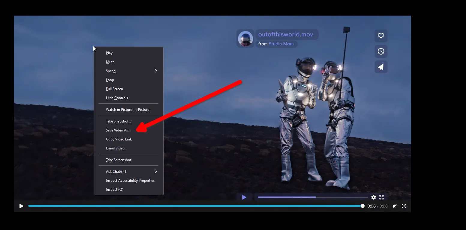 Hình ảnh mô tả cách lưu tệp video từ một tab trình duyệt mới sau khi tìm thấy qua Inspect Element.