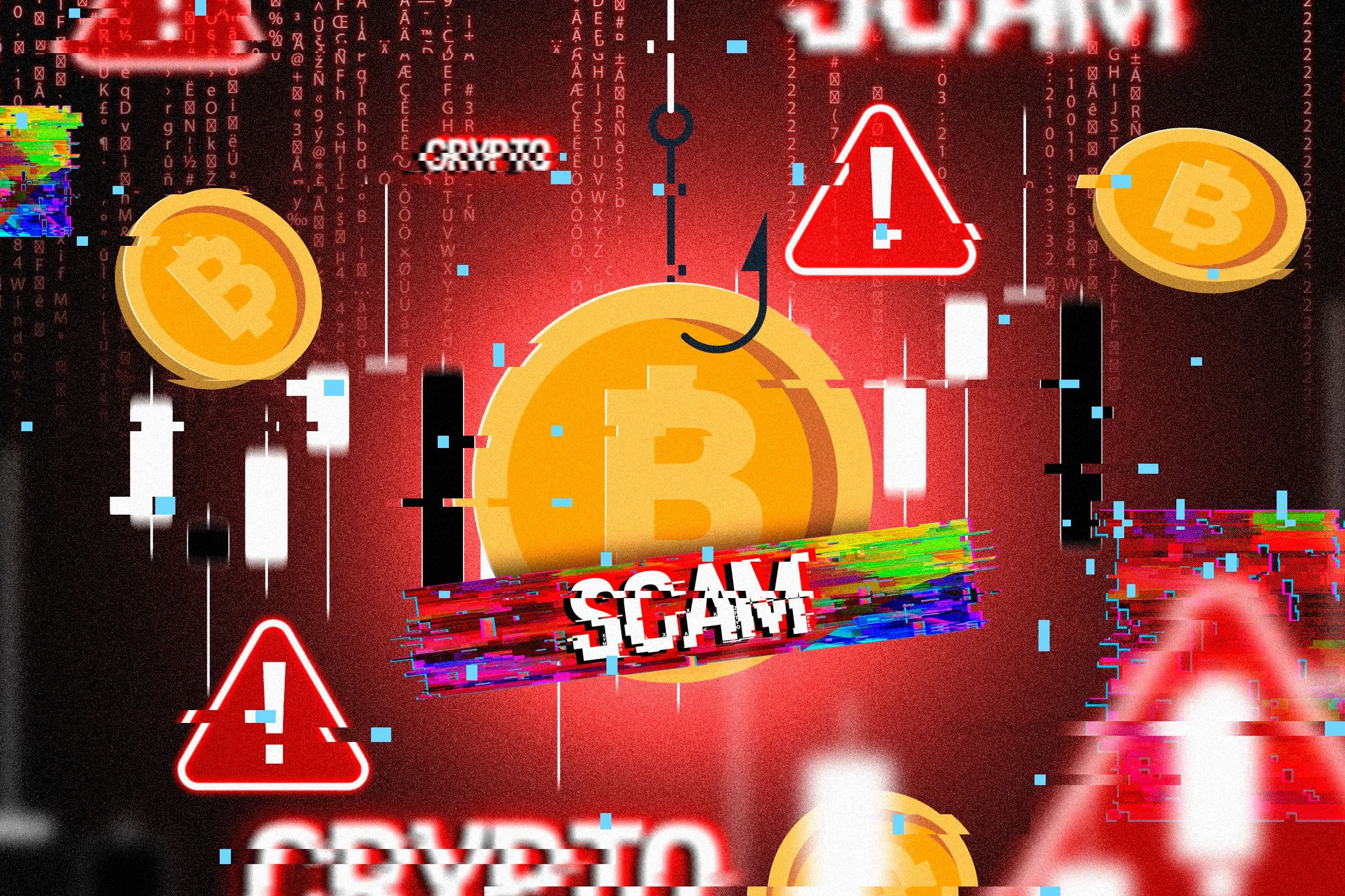 Hình ảnh một đồng Bitcoin mắc trên lưỡi câu, xung quanh có các cảnh báo cho thấy nguy cơ lừa đảo tiền điện tử