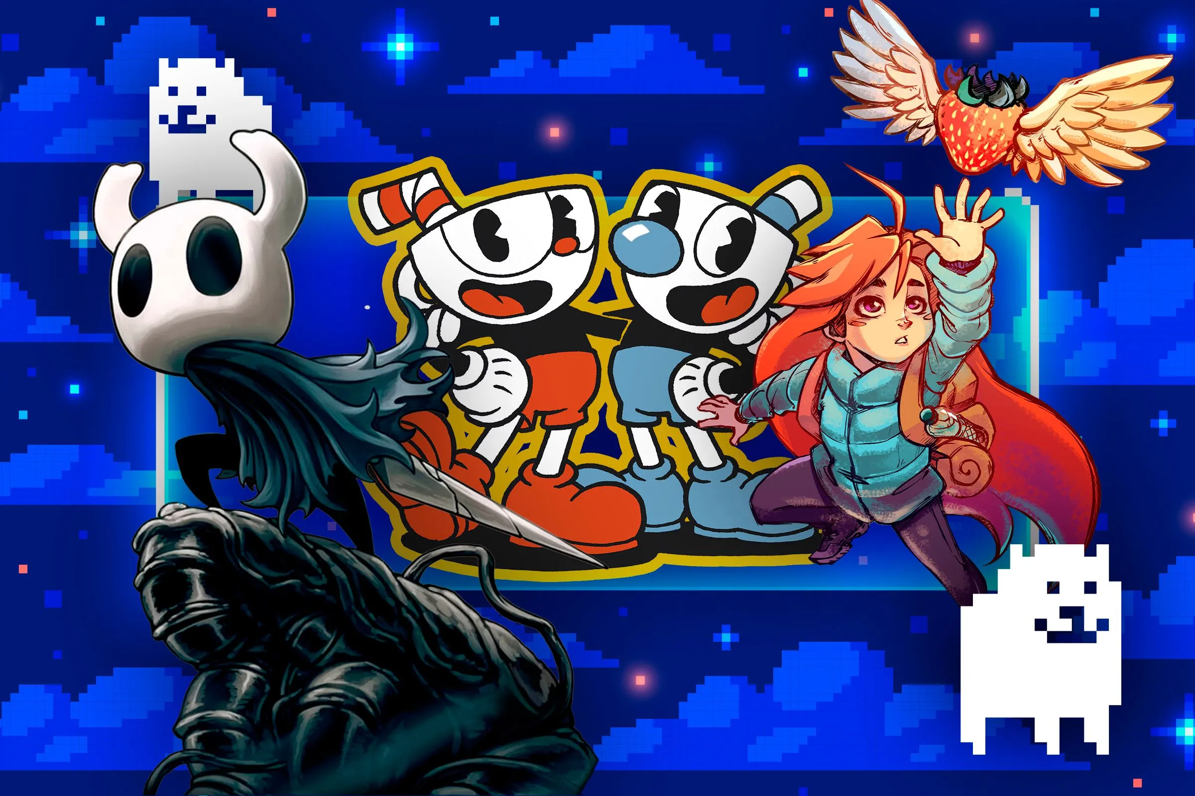 Hình ảnh nền với mây pixel và các nhân vật game indie, tượng trưng cho việc hỗ trợ nhà phát triển nhỏ.