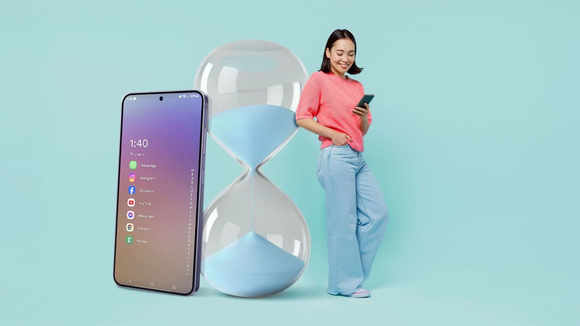 Hình ảnh người phụ nữ dùng điện thoại bên cạnh đồng hồ cát, tượng trưng cho việc giới hạn thời gian sử dụng màn hình và quản lý thời gian.