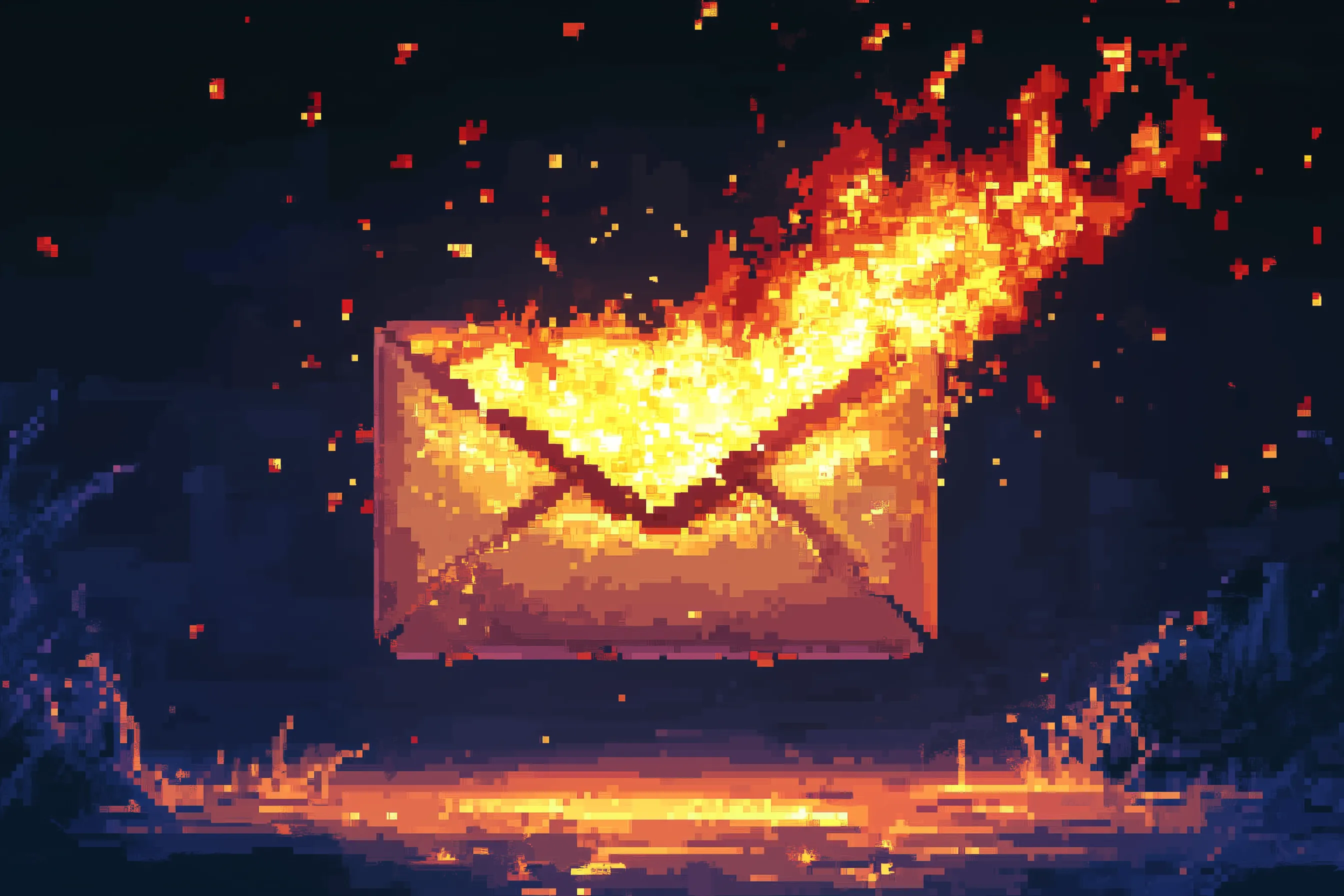 Hình ảnh pixel nghệ thuật mô tả một email đang bốc cháy, tượng trưng cho những sai lầm email có thể gặp phải.