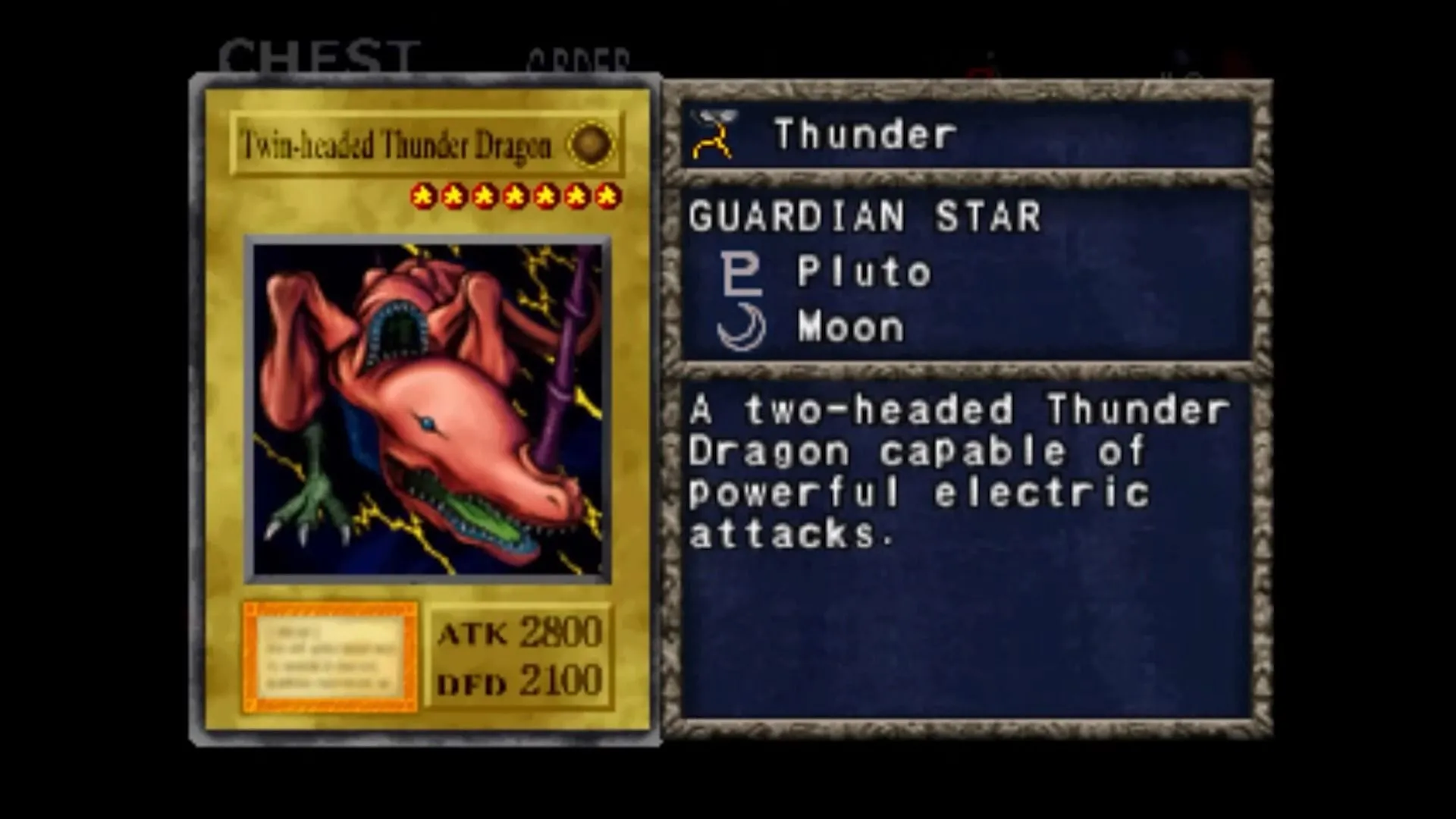 Hình ảnh quái vật Twin-Headed Thunder Dragon, một lá bài mạnh mẽ được cày cuốc trong Yu-Gi-Oh Forbidden Memories.