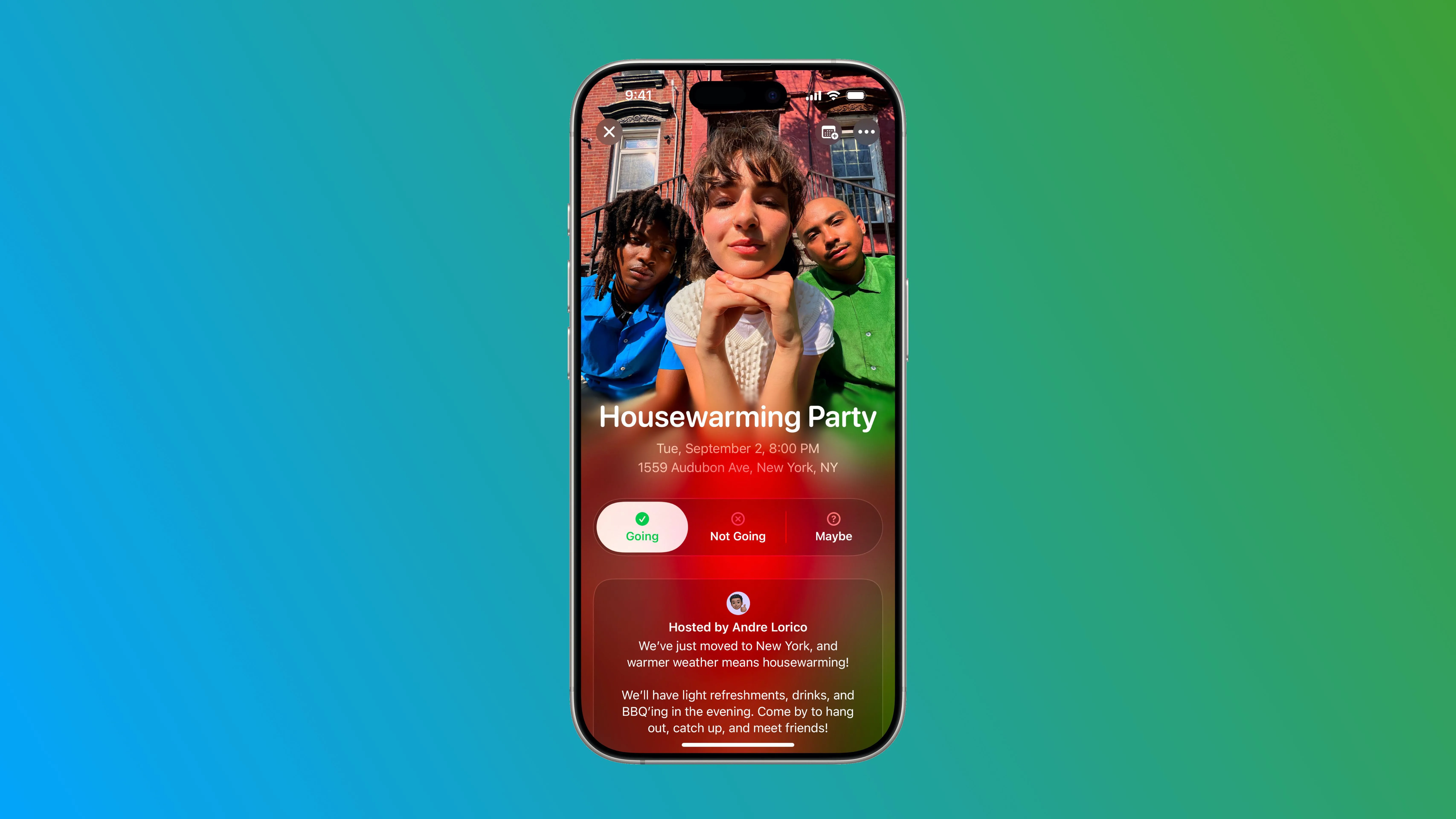 Hình ảnh quảng bá ứng dụng Apple Invites với nền màu sắc tươi sáng.