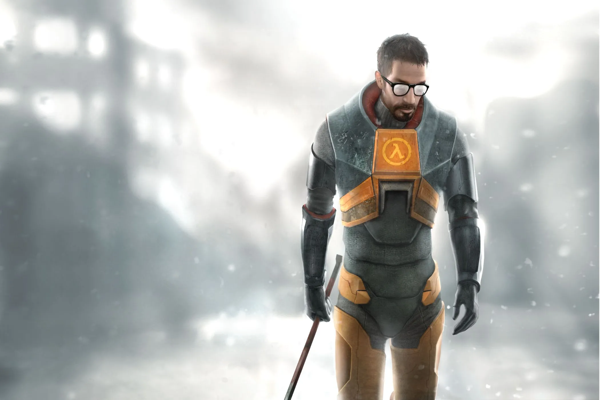 Hình ảnh quảng cáo Half-Life 2 của Gordon Freeman với chiếc xà beng đặc trưng của mình, sẵn sàng hành động