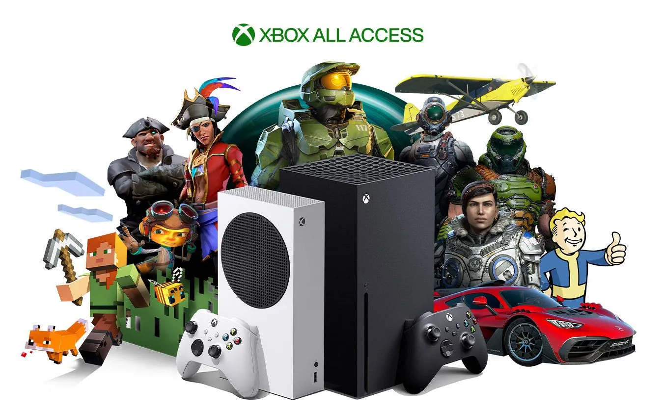 Hình ảnh quảng cáo Xbox Game Pass với các tựa game nổi tiếng như Halo, Minecraft, Doom và Fallout, minh họa thư viện game phong phú