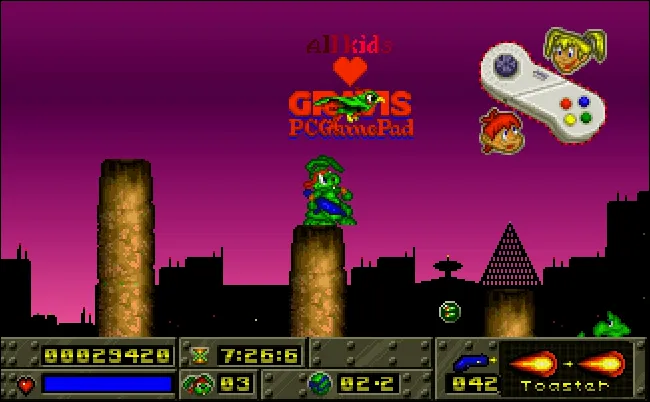 Hình ảnh tay cầm Gravis PC Gamepad màu xanh lá cây đặt trên màn hình hiển thị game Jazz Jackrabbit