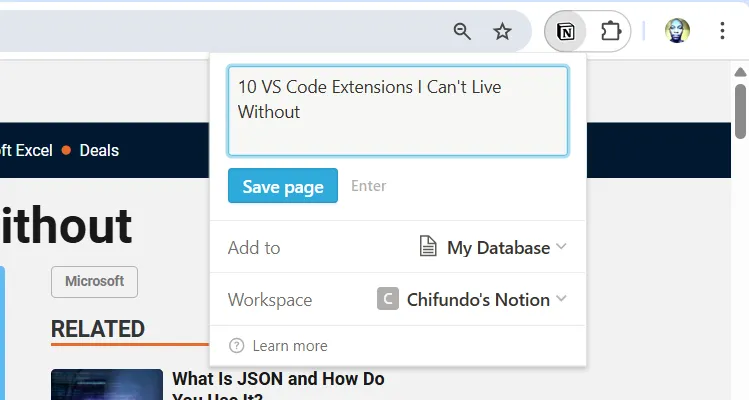 Hình ảnh tiện ích Notion Web Clipper đang hoạt động trên Chrome, cho phép người dùng lưu trữ nội dung web trực tiếp vào workspace Notion của họ.