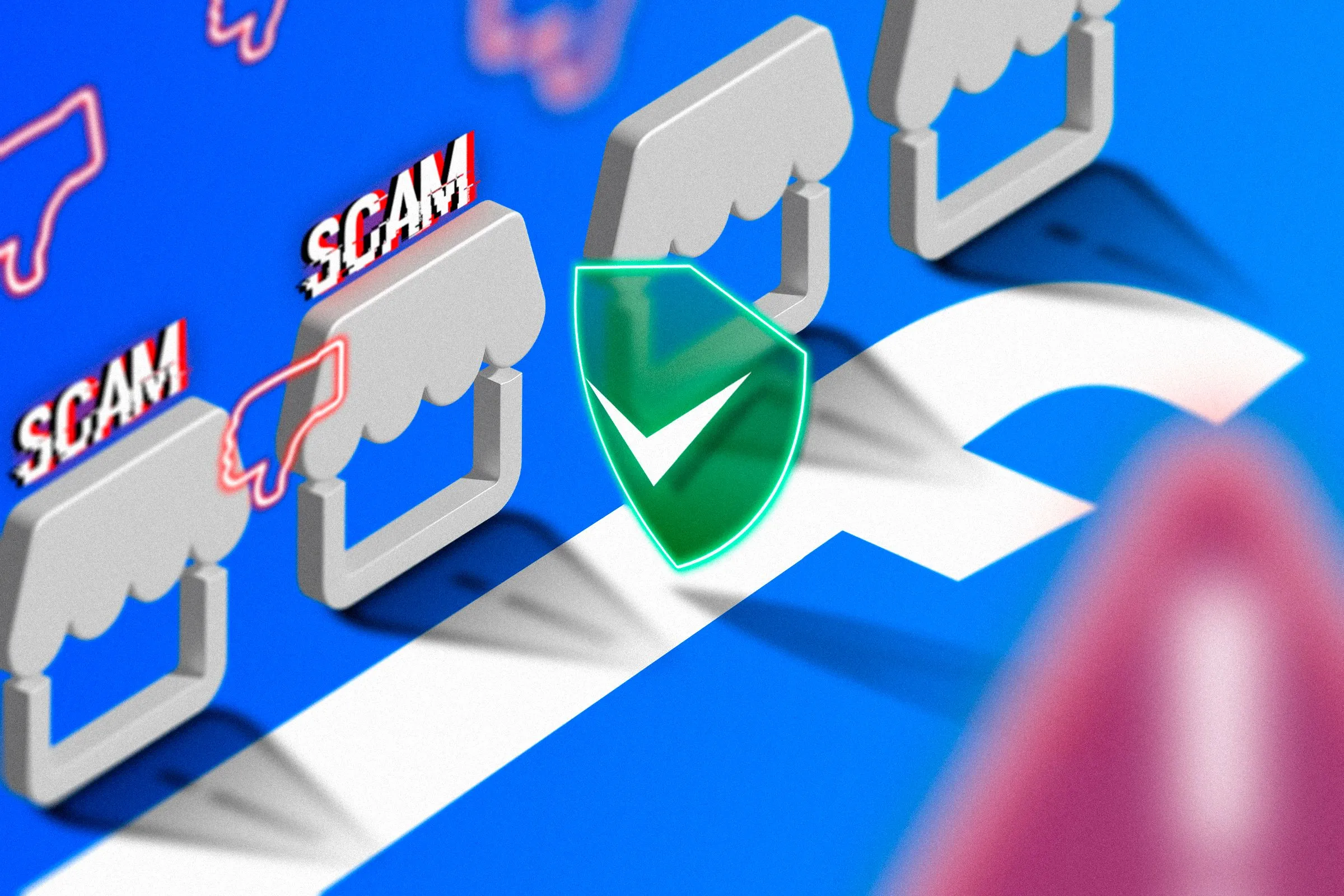 Hình minh họa các sàn rao vặt online như Facebook Marketplace với biểu tượng cảnh báo spam và bảo mật, thể hiện rủi ro khi mua bán Mac cũ