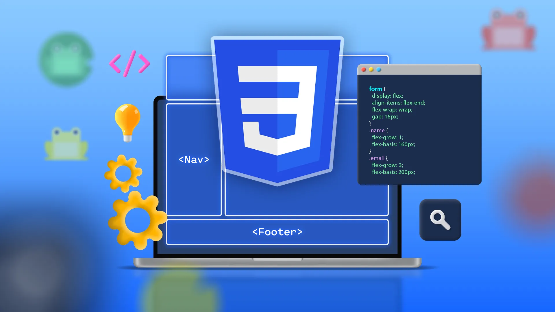 Hình minh họa máy tính xách tay với logo CSS nổi bật, cùng lưới grid và các biểu tượng thiết kế web xung quanh, thể hiện sự sáng tạo trong phát triển giao diện.