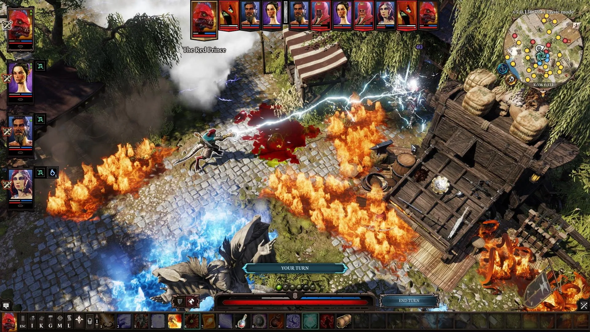 Hoàng tử Đỏ sử dụng chiêu tấn công sét trong game Divinity Original Sin 2, một tựa game nhập vai chiến thuật sâu sắc.