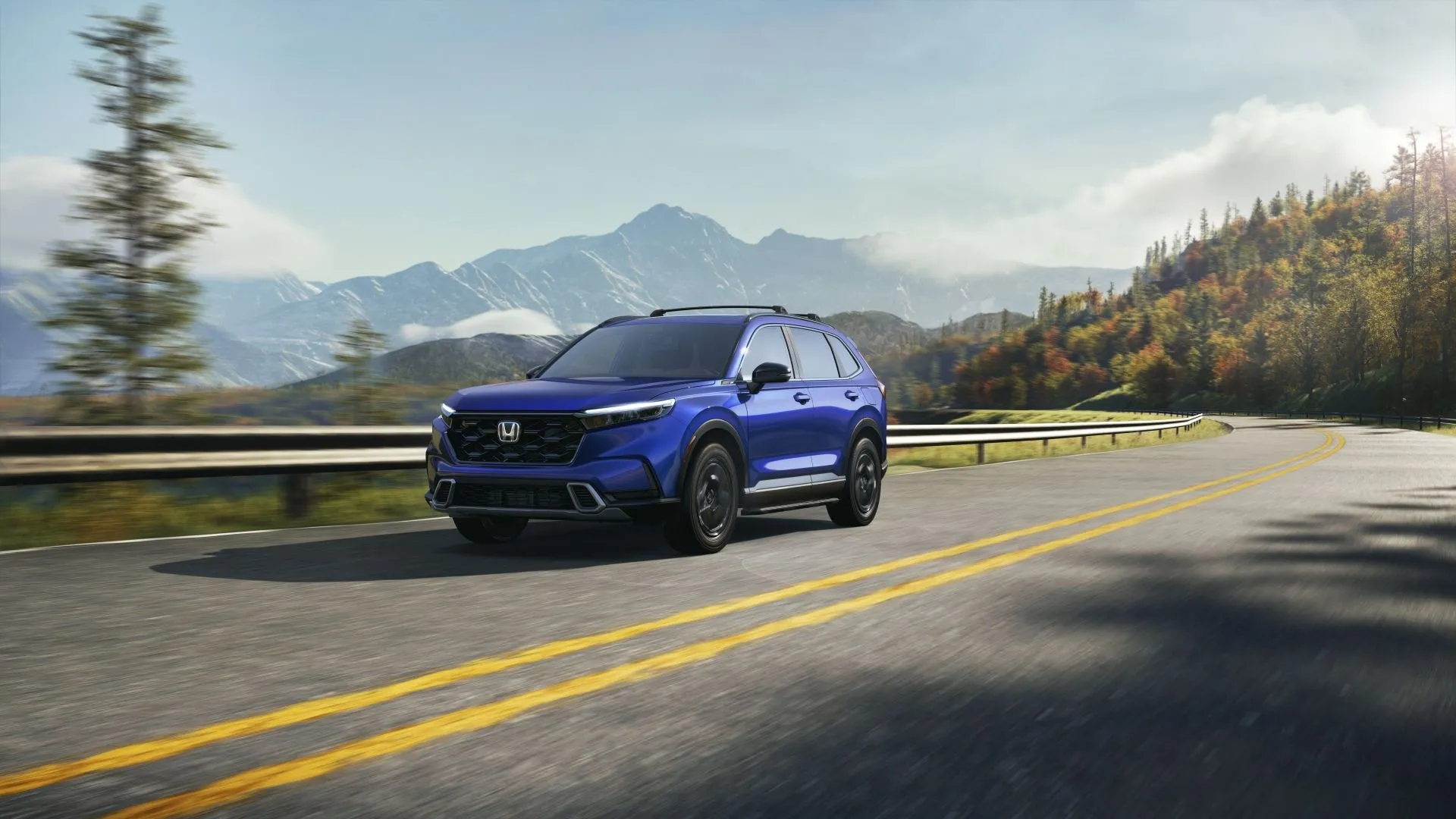 Honda CR-V Sport Touring 2026 màu đen bóng đang di chuyển, thể hiện sự sang trọng và thể thao.