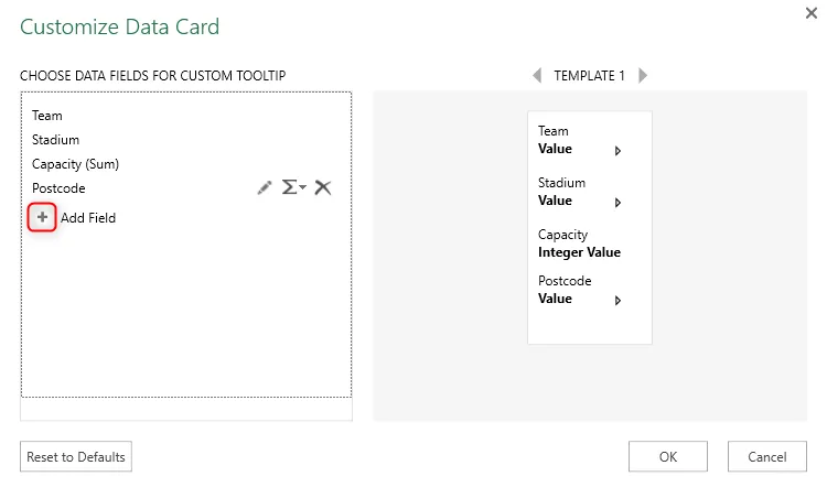 Hộp thoại Customize Data Card trong cửa sổ 3D Map của Excel.