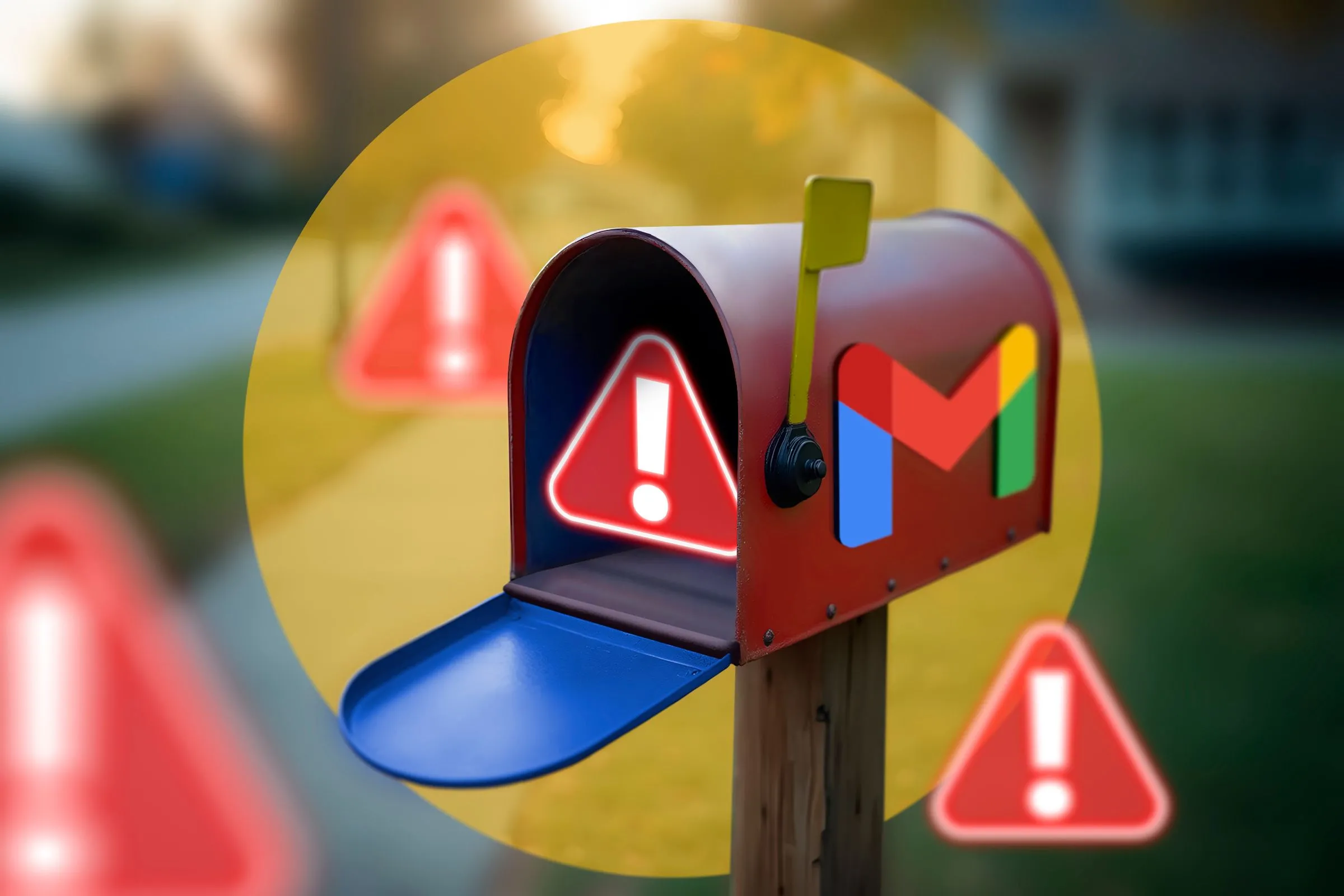 Hộp thư đến Gmail với logo và biểu tượng cảnh báo, tượng trưng cho những vấn đề quản lý email.
