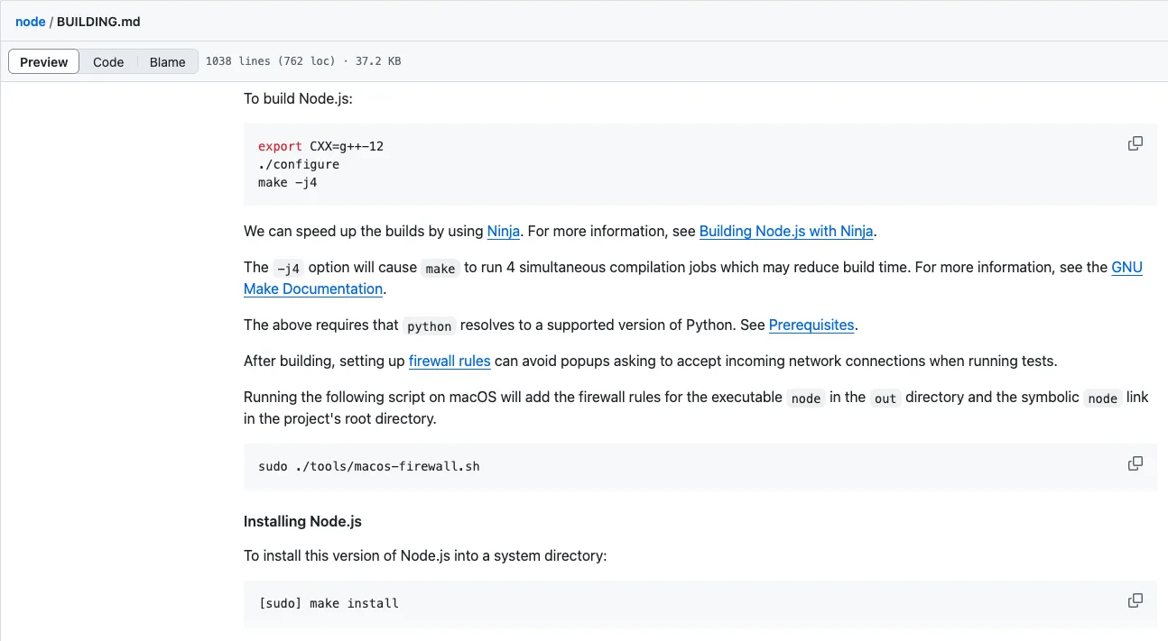 Hướng dẫn biên dịch phần mềm Node.js từ file BUILDING.md minh họa quy trình configure, make, make install