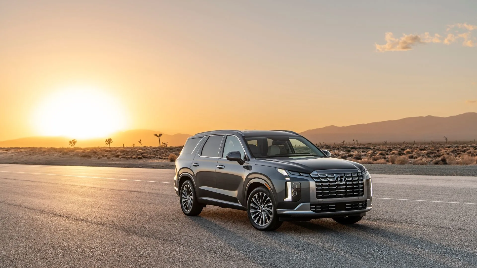 Hyundai Palisade 2025 màu trắng tinh tế, đứng vững chãi trên con đường rộng, thể hiện thiết kế sang trọng và hiện đại của SUV tầm trung