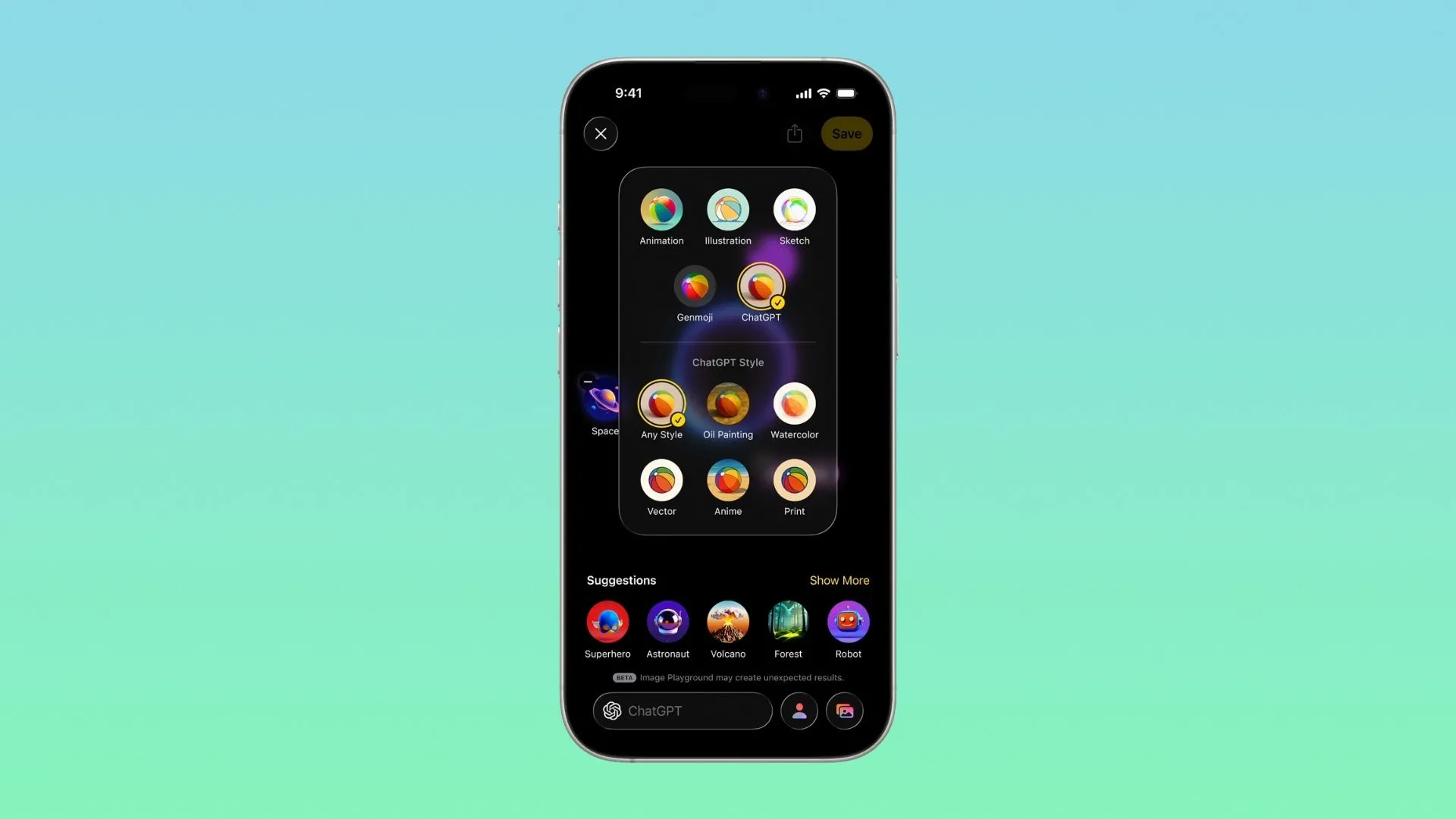 Image Playground trên iPhone hiển thị các phong cách vẽ khác nhau được hỗ trợ bởi ChatGPT trong iOS 26.