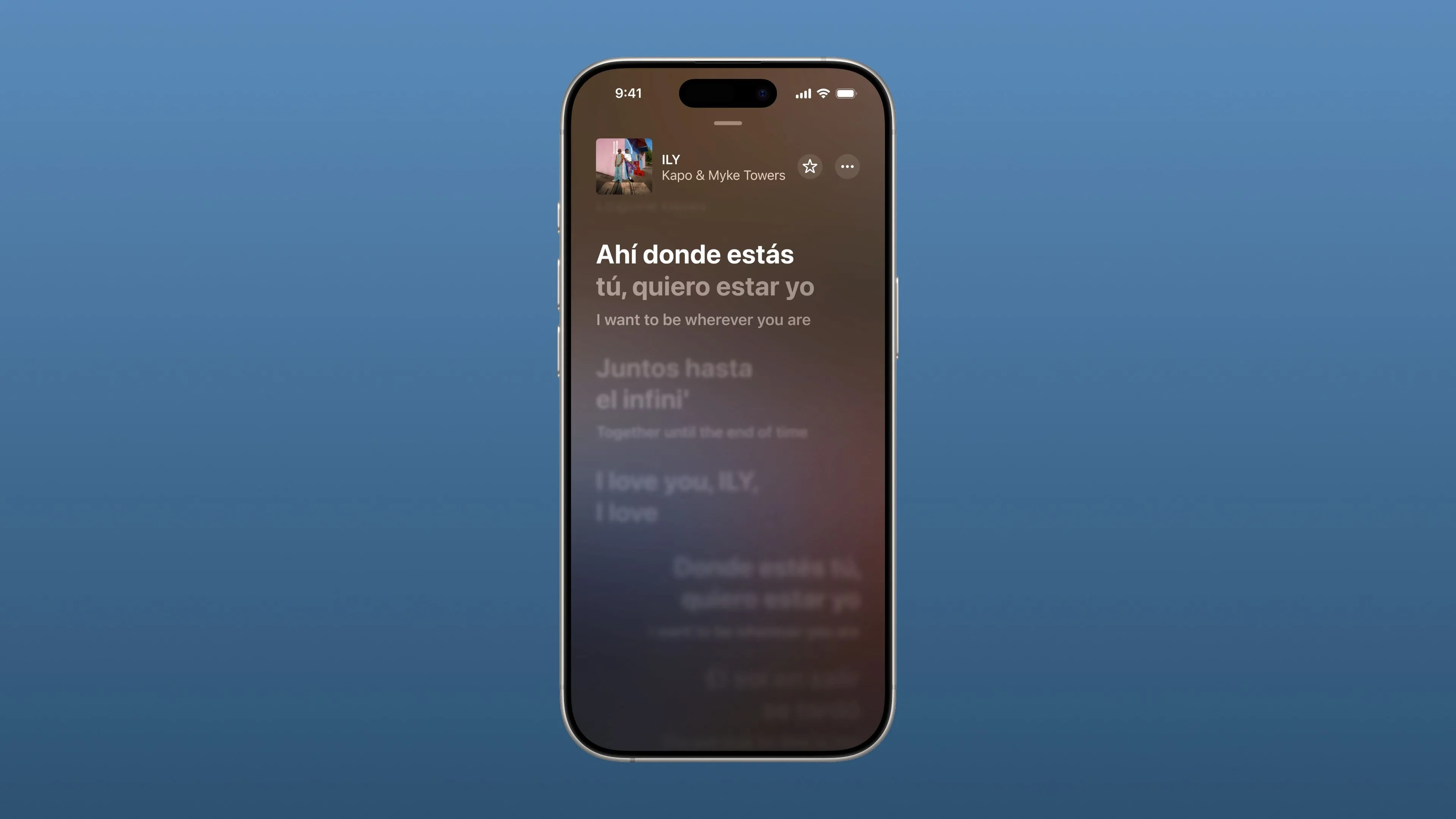 iPhone hiển thị tính năng dịch lời bài hát trong ứng dụng Âm nhạc trên iOS 26.