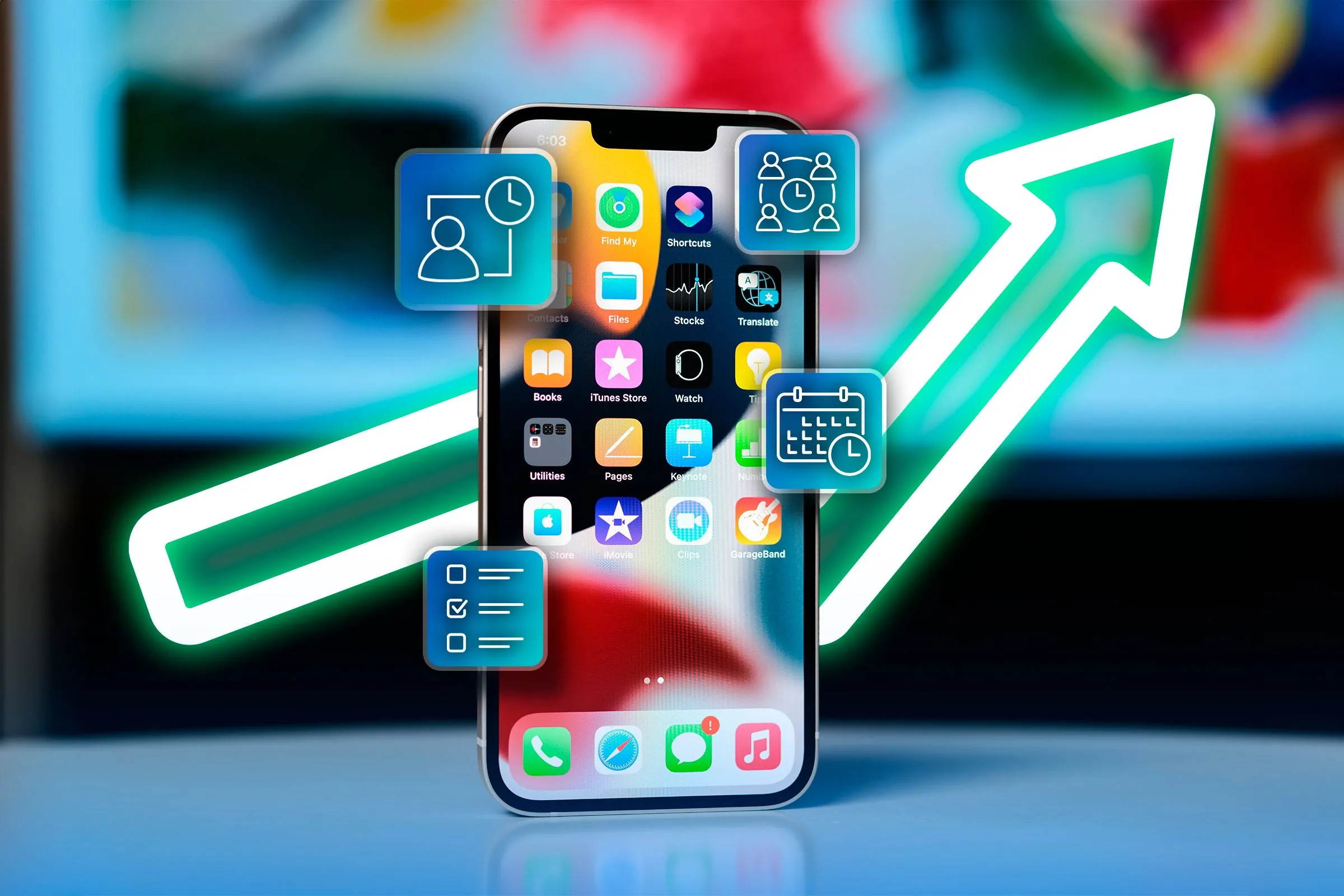 iPhone trên bàn làm việc với các biểu tượng năng suất xung quanh, tượng trưng cho việc sử dụng điện thoại thông minh một cách hiệu quả