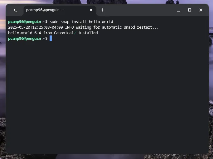 Kết quả cài đặt gói Snap 'hello-world' trên Linux trên Chromebook, xác minh cài đặt Snap.