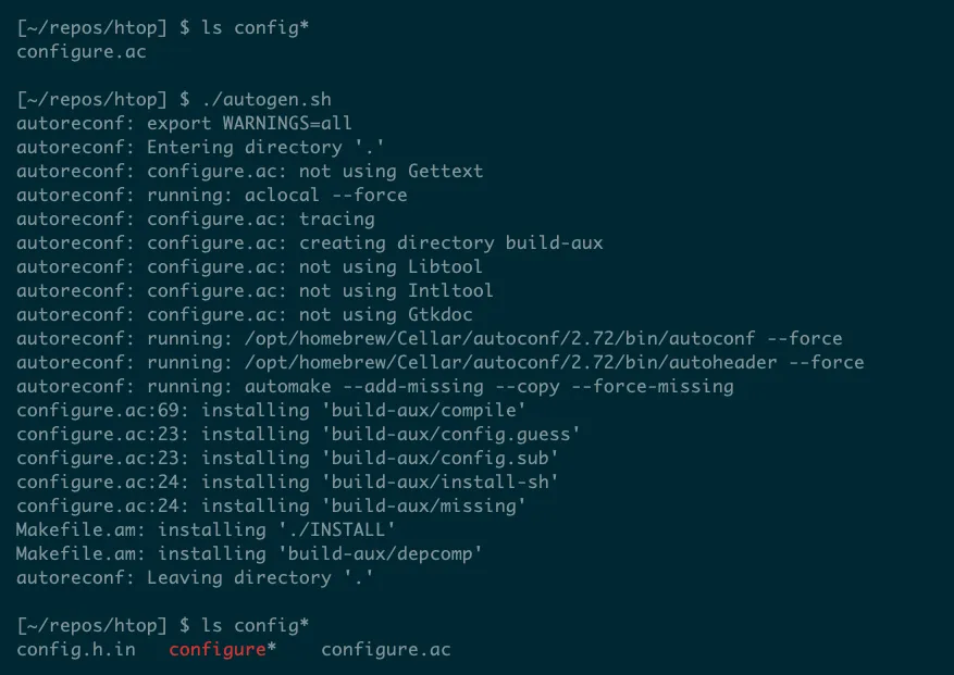 Kết quả chạy script autogen.sh trong mã nguồn htop, cho thấy việc tạo ra file configure