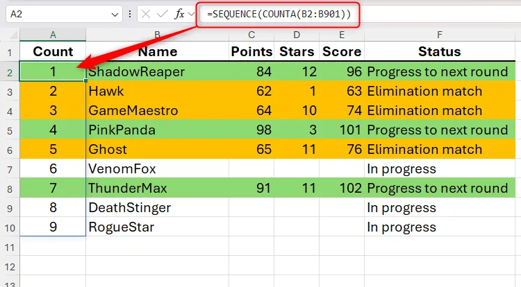 Kết quả của công thức kết hợp hàm SEQUENCE và COUNTA trong Excel, tạo ra một danh sách số tự động và động, được hiển thị dưới dạng mảng tràn (spilled array) với đường viền màu xanh.