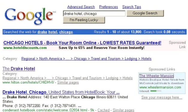 Kết quả tìm kiếm Google năm 2000 với quảng cáo đầu tiên xuất hiện ở đầu trang