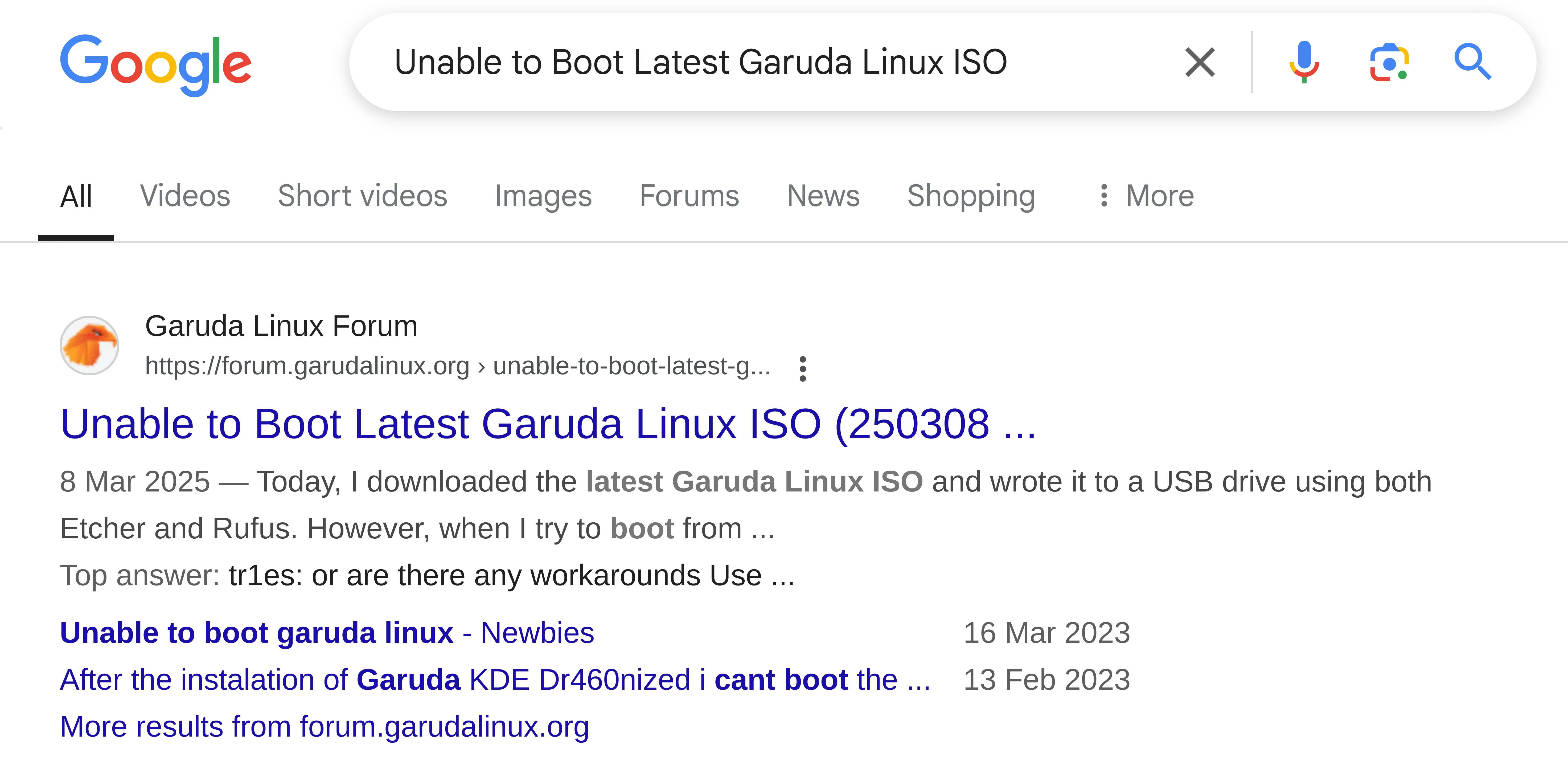 Kết quả tìm kiếm Google về cách khắc phục lỗi boot Garuda Linux
