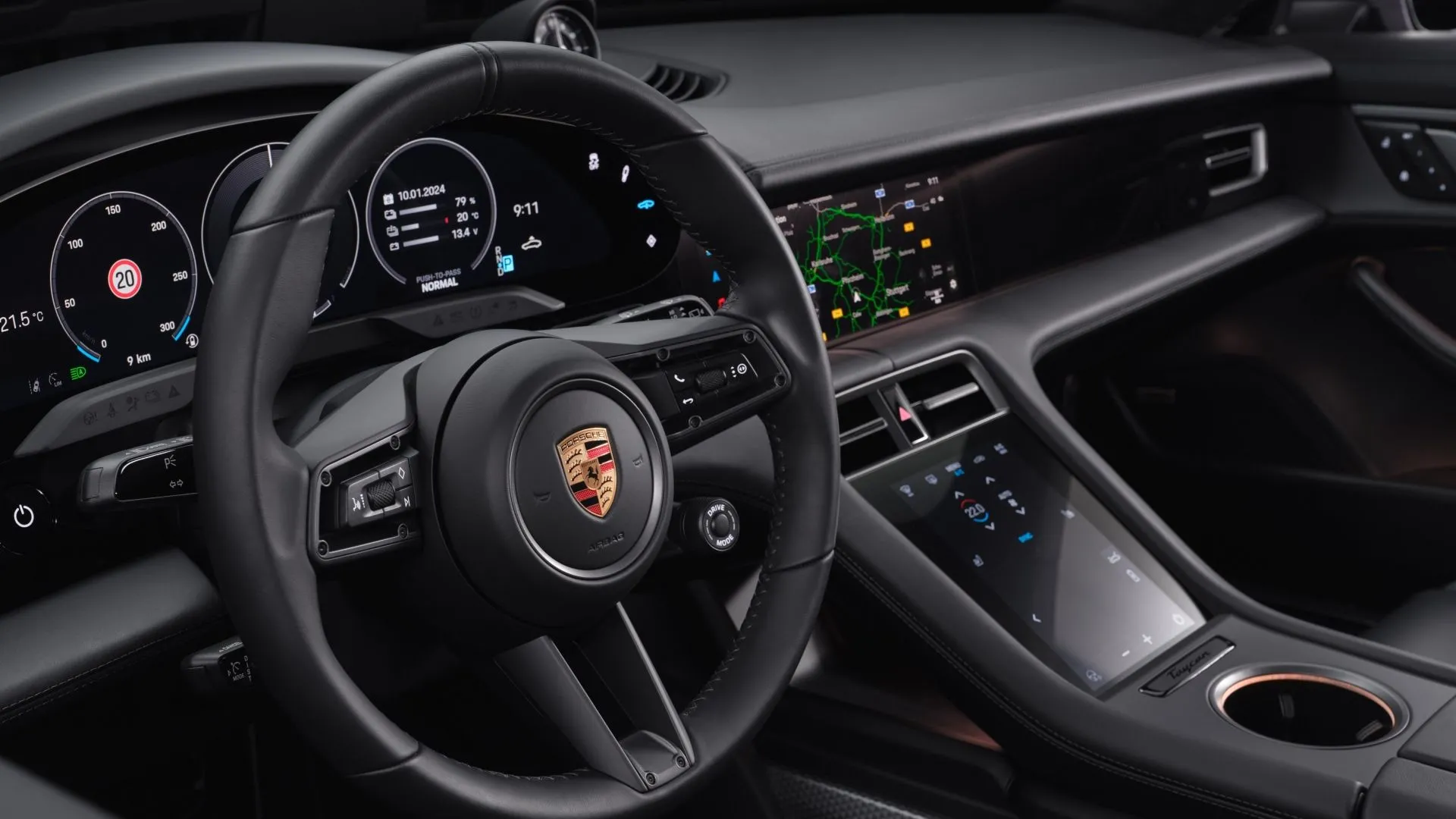 Khoang lái Porsche Taycan 2025 với màn hình cong 16.8 inch và nhiều màn hình phụ
