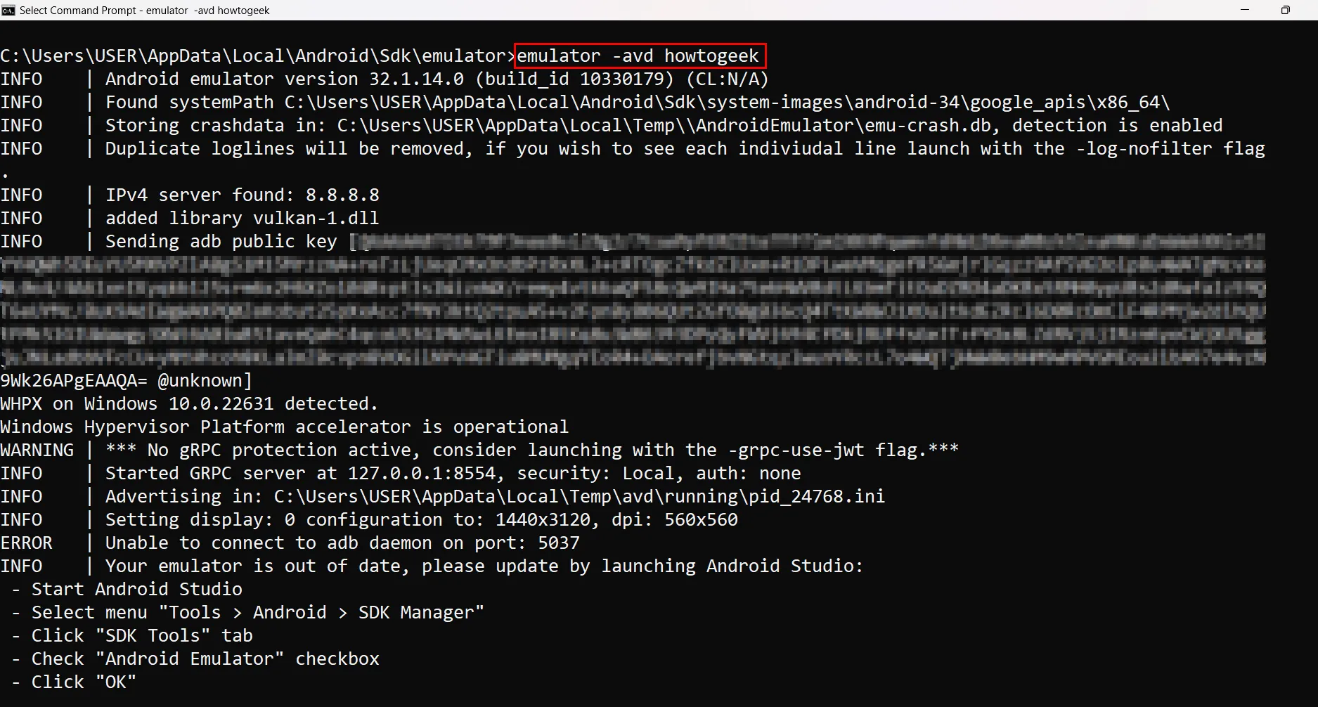 Khởi động Android Emulator với lệnh emulator -avd và tên AVD trong Command Prompt